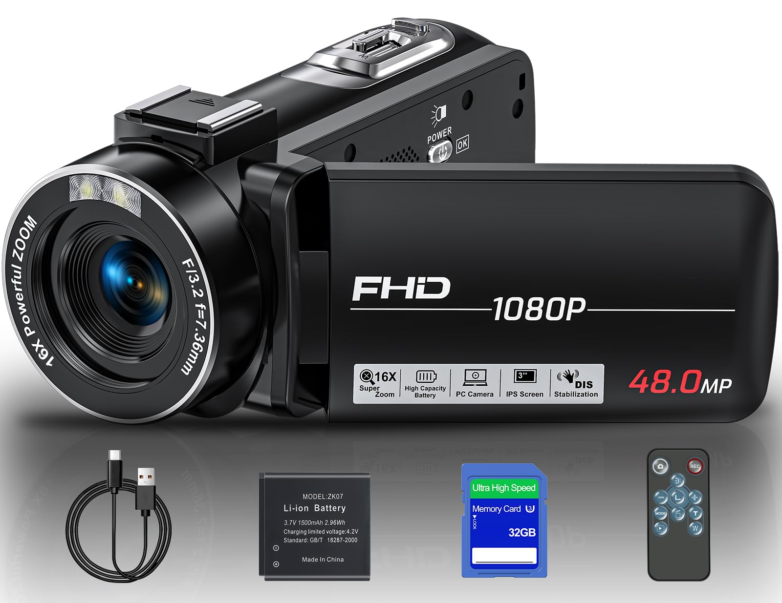 Olesit Video Camera Camcorder, Full Hd 1080P 48Mp Camcorder 16X Digital Video Camera For Youtube, 3.0 Inch Ips Screen Vlogging C