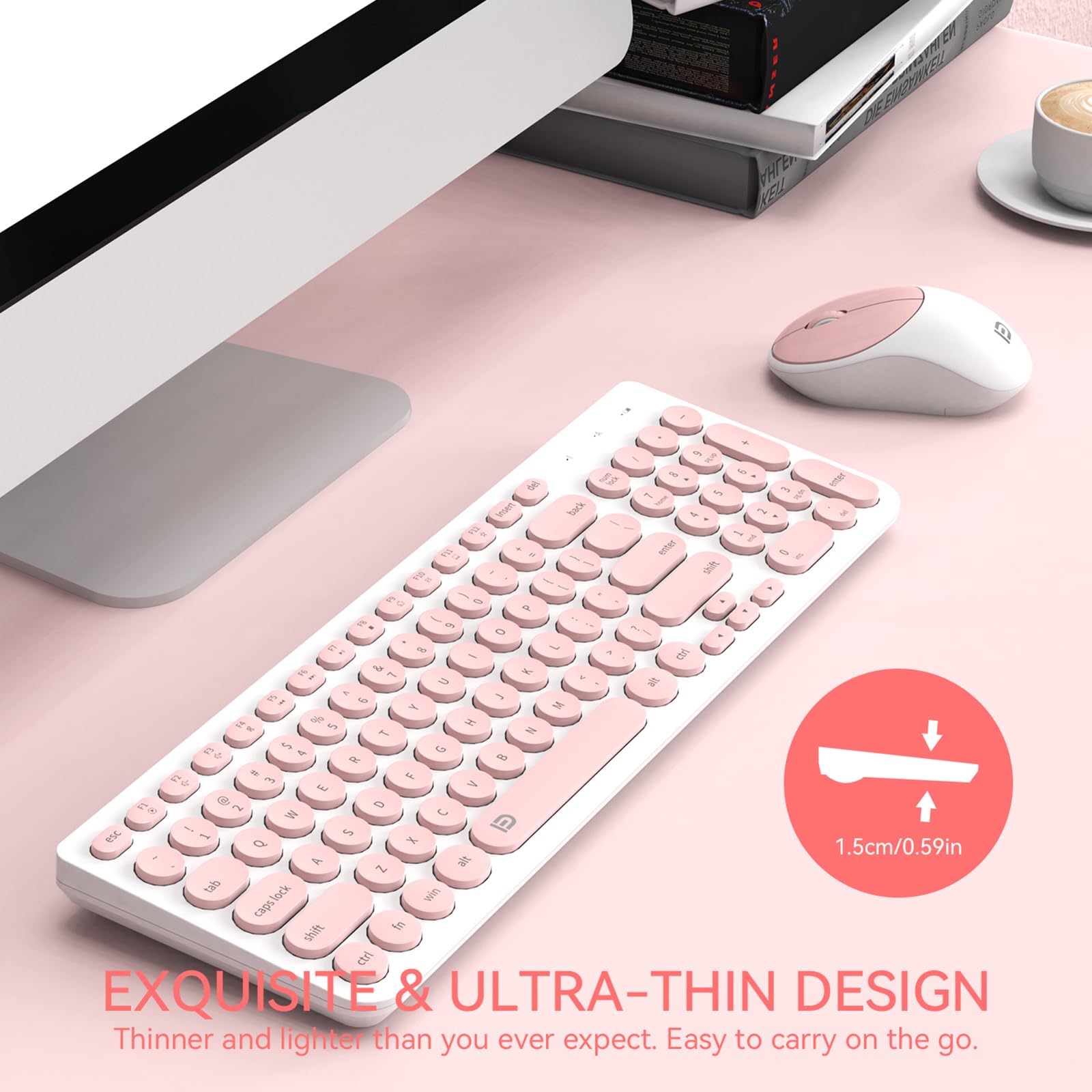 Fd Ik6630 Wireless Keyboard And Mouse Combo   2.4Ghz Usb Cordless, Cute Round Keys, Quiet And Slim Set For Laptop, Computer, Tv,