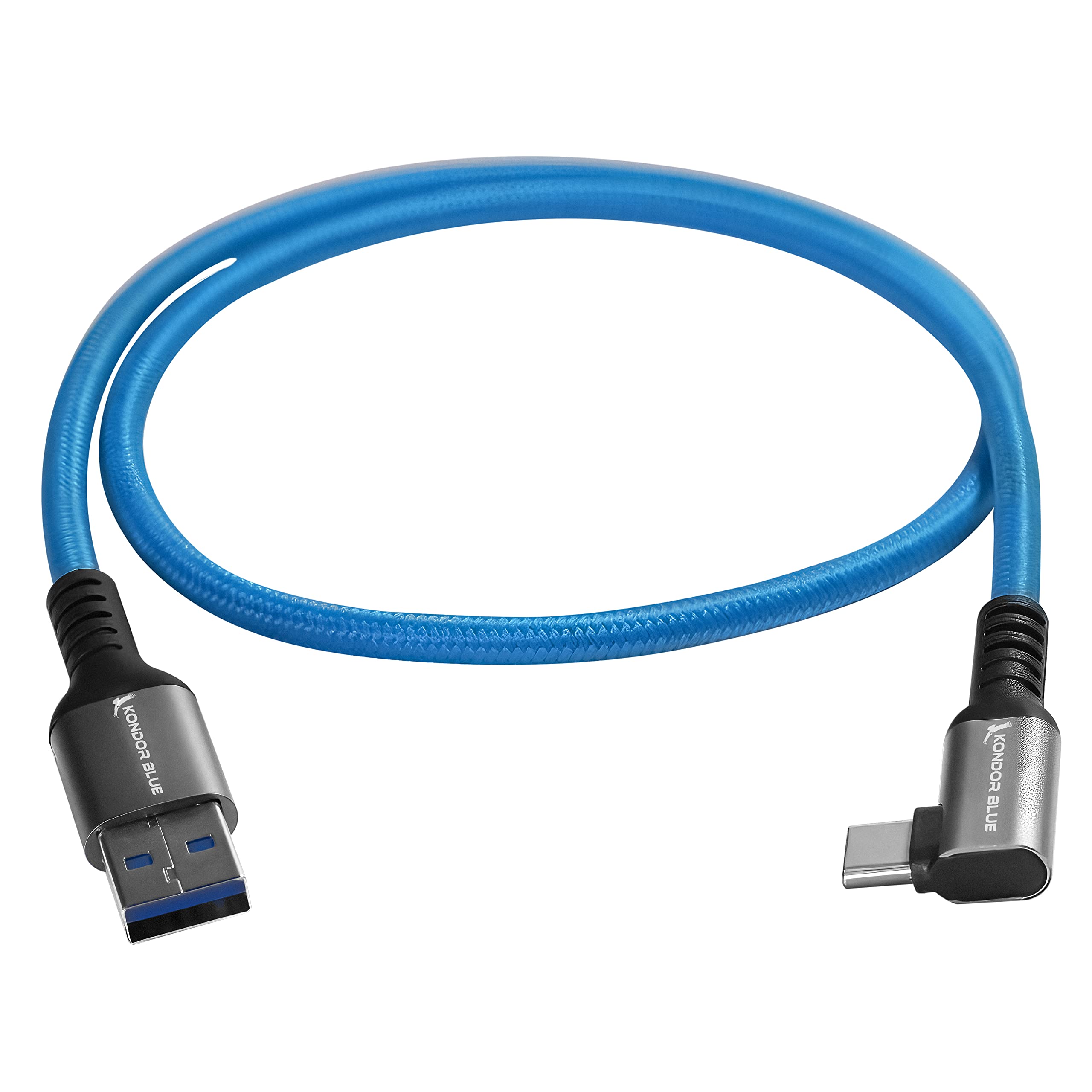 Kondor Blue 2' Straight Usb C To Usb A 3A 60W 5Gb/S | Right Angle Braided Cable For Data And Power Delivery