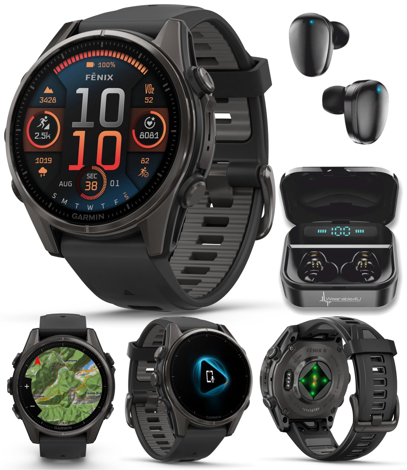 Wearable4U Garmin Fenix 8 - 43 mm Sapphire, AMOLED Multisport GPS Smartwatch, Carbon Gray DLC Titanium with Black/Pebble Gray Si