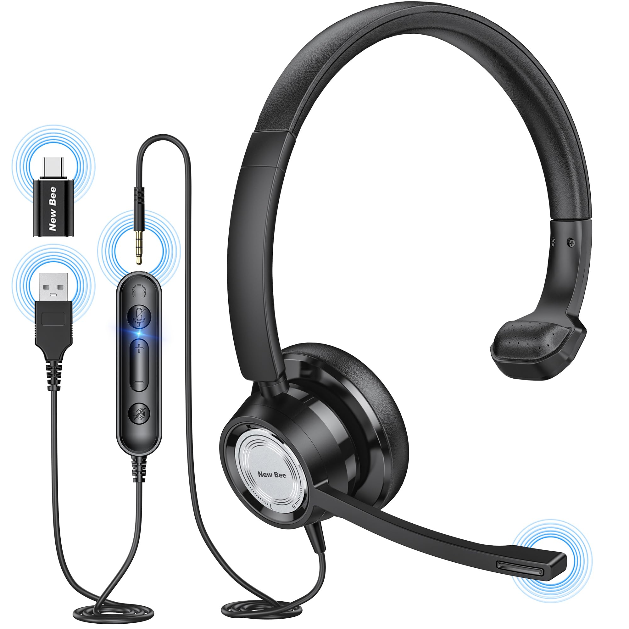 New Bee Usb Headset With Microphone For Pc Computer Headset, Single Ear Headset Noise Cancelling Mic, Call Center Wired Headset With 3.5 Mm/Usb/Type C For Skype Zoom Tablet Laptop