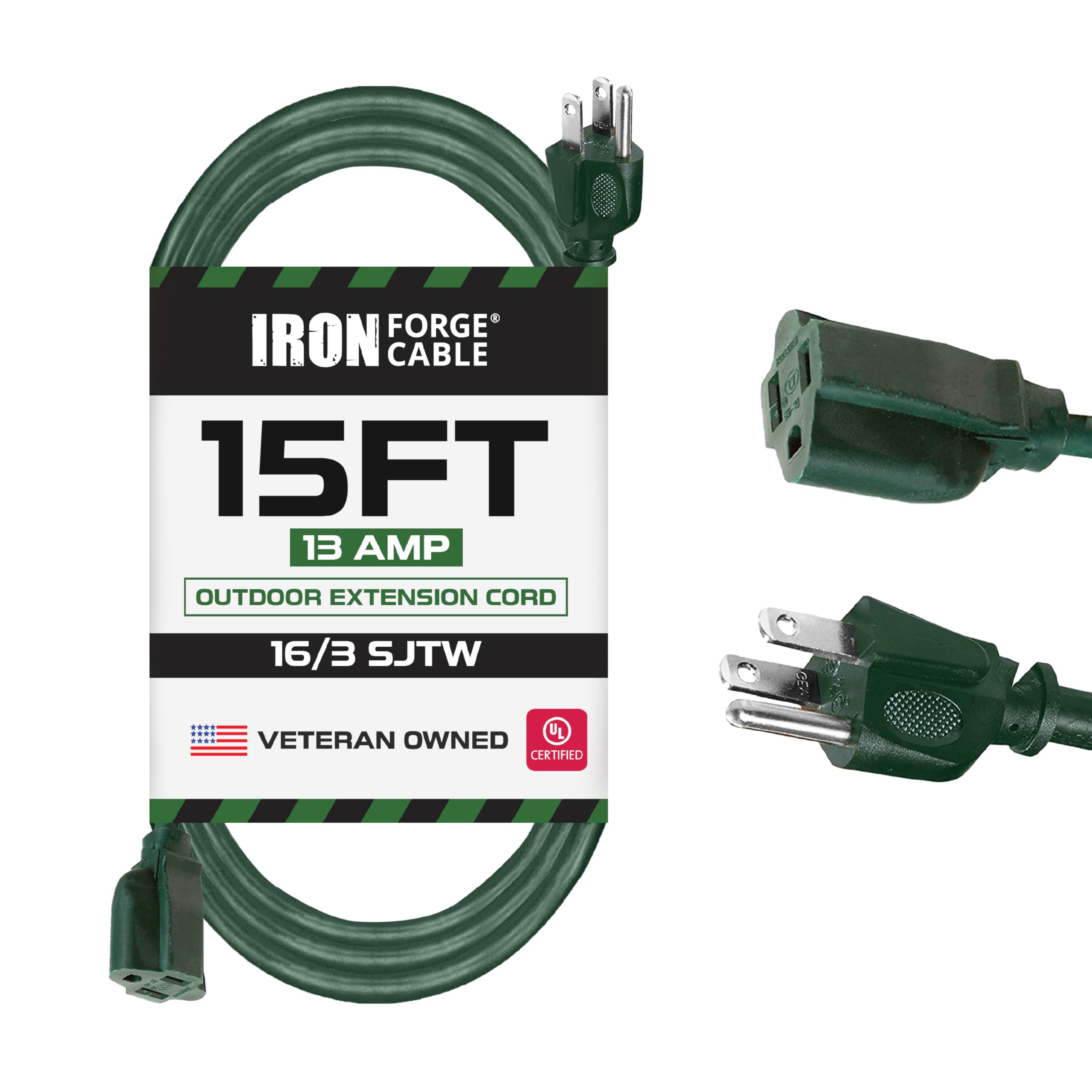 15 Foot Outdoor Extension Cord   16/3 Sjtw Durable Green Extension Cable With 3 Prong Grounded Plug For Safety