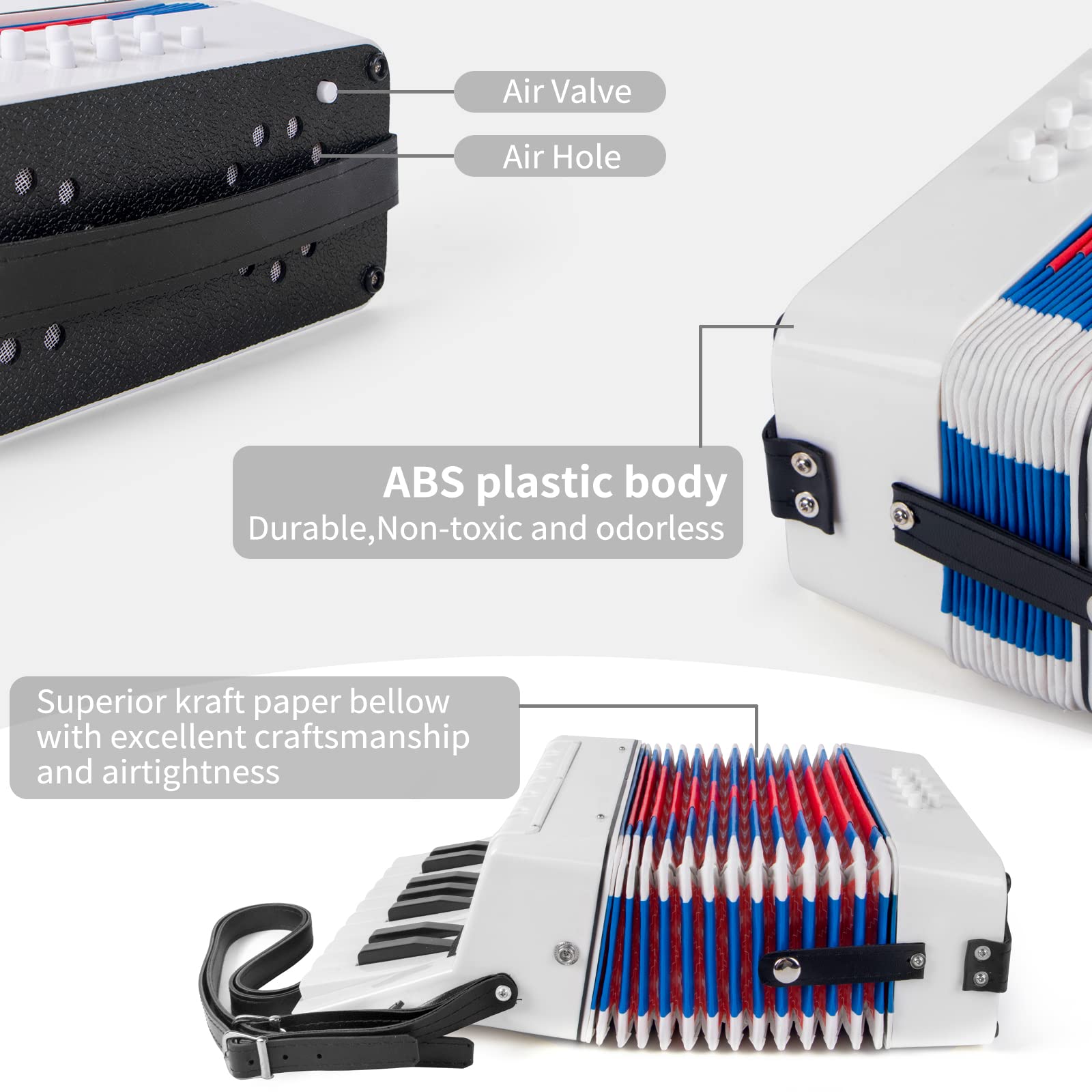 Accordion, 17 Keys Piano Accordion For Kids 8 Bass With Straps For Beginners Student Educational Musical Instrument (White)