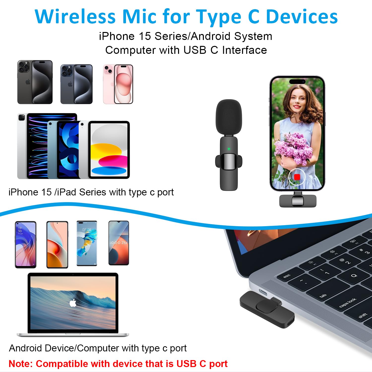 Wireless Lavalier Lapel Microphone For Iphone 15 Series/Android/Computer   Bluetooth Mini Phone Microphones For Video Recording