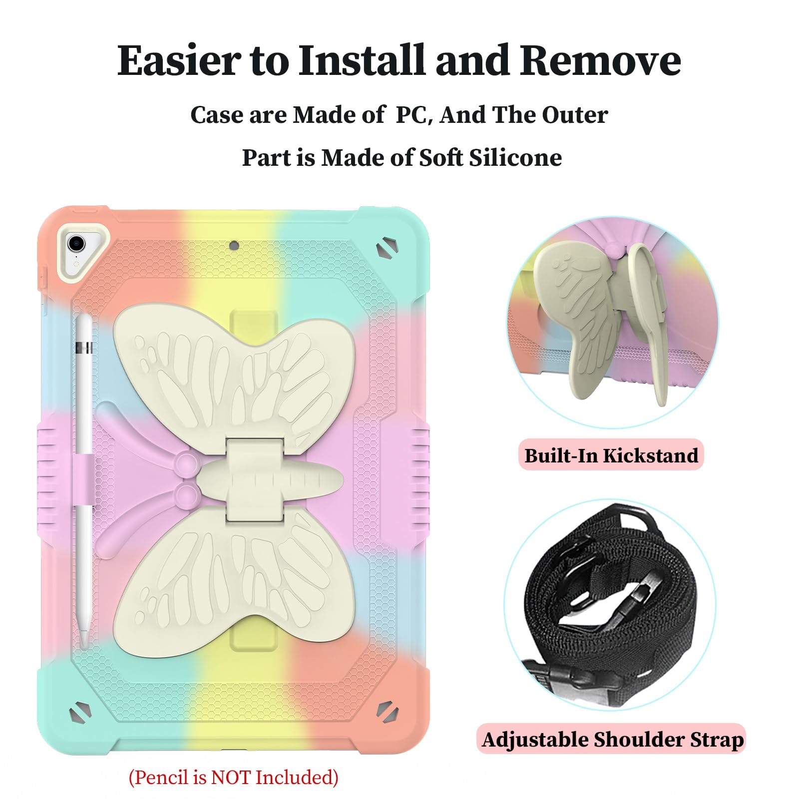 Hogenl For Ipad 9Th 8Th 7Th Generation Case For Kids Girl With Pencil Holder, For Ipad 10.2 Case With Butterfly Stand Shoulder S