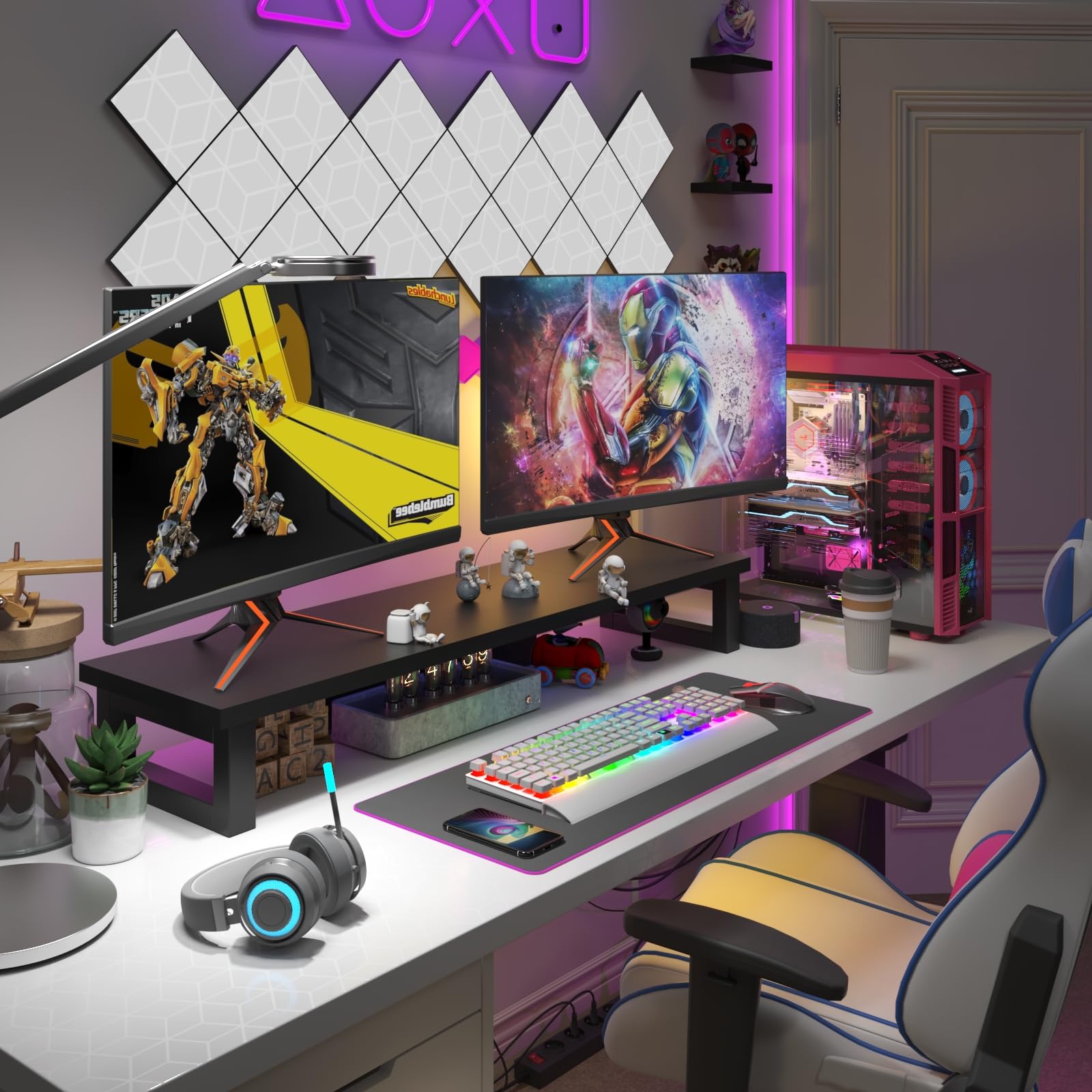 Westree Dual Monitor Stand Riser, Wood And Steel Monitor Stand Riser, Computer Monitor Stand For 2 Monitors, Multi Purpose Deskt