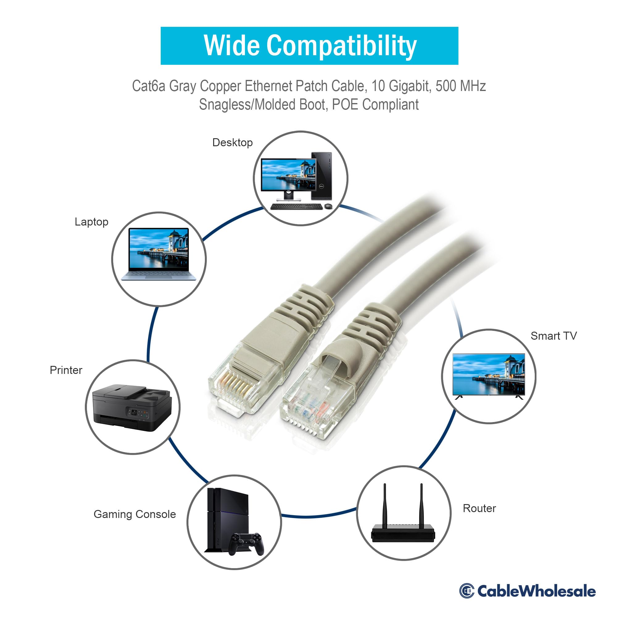 Cablewholesale 50 Foot Gray Cat6A Ethernet Patch Cable, Snagless/Boot With Rj45 Connector, 500 Mhz, 24 Awg, Utp(Unshielded Twist