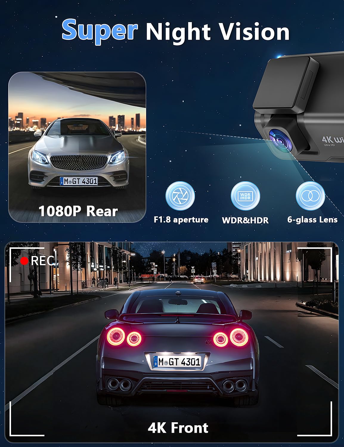 Dash Cam Front And Rear Camera, 4K+1080P Wifi Dual Dash Cam With App, 3 Ips Dash Camera For Cars With Free 64Gb Card, Otovoda Da