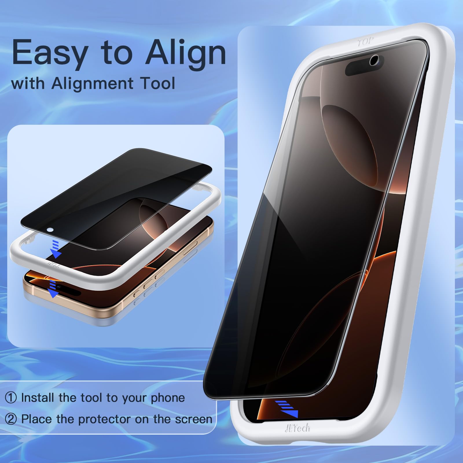 Jetech Privacy Screen Protector For Iphone 16 Pro Max 6.9 Inch, Anti Spy Tempered Glass Film With Easy Installation Tool, 2 Pack