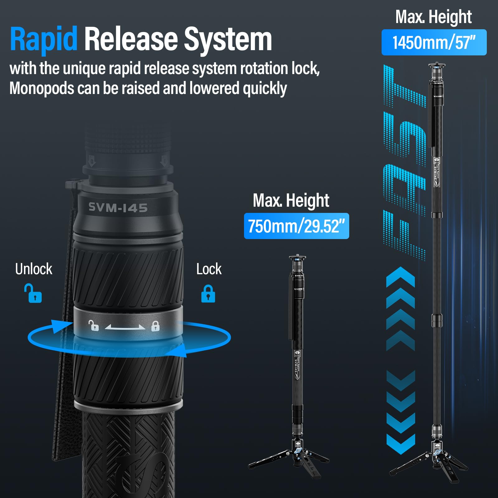 Sirui Svm 145 Rapid Monopod With Feet, 57� Professional Carbon Fiber Camera Monopod, One Step Rapid Height Adjustment, Lightweight Travel Monopod For Dslr Camera, Modular 3 In 1, Max Load 22Lbs