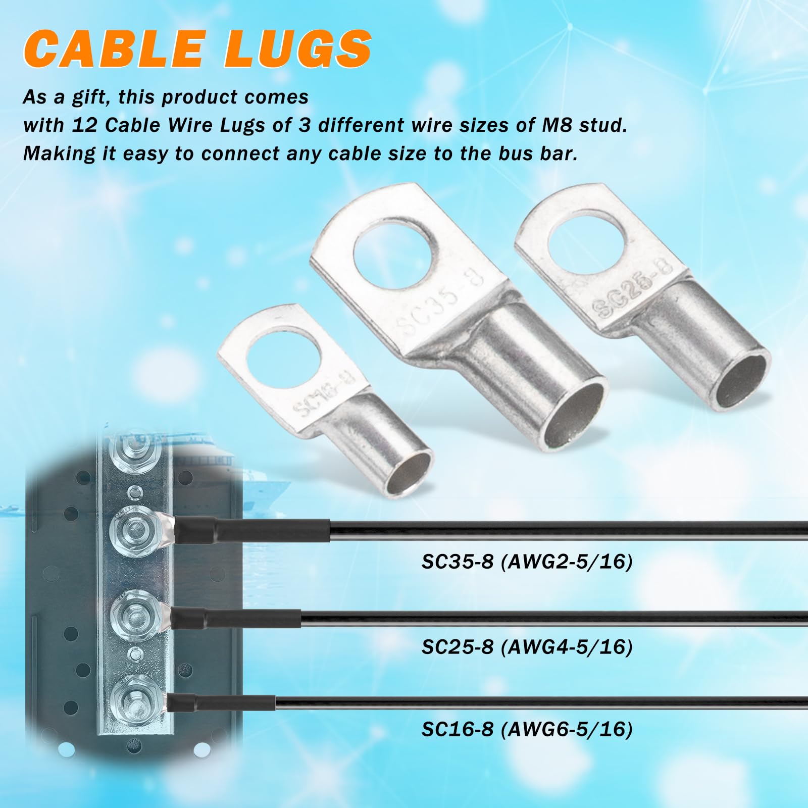 300A Heavy Duty Module Bus Bar 12V 24V 48V Dc Power Distribution Block With 4 X 5/16'' (M8) Studs, Gift 12Pcs Cable Lugs And 20P