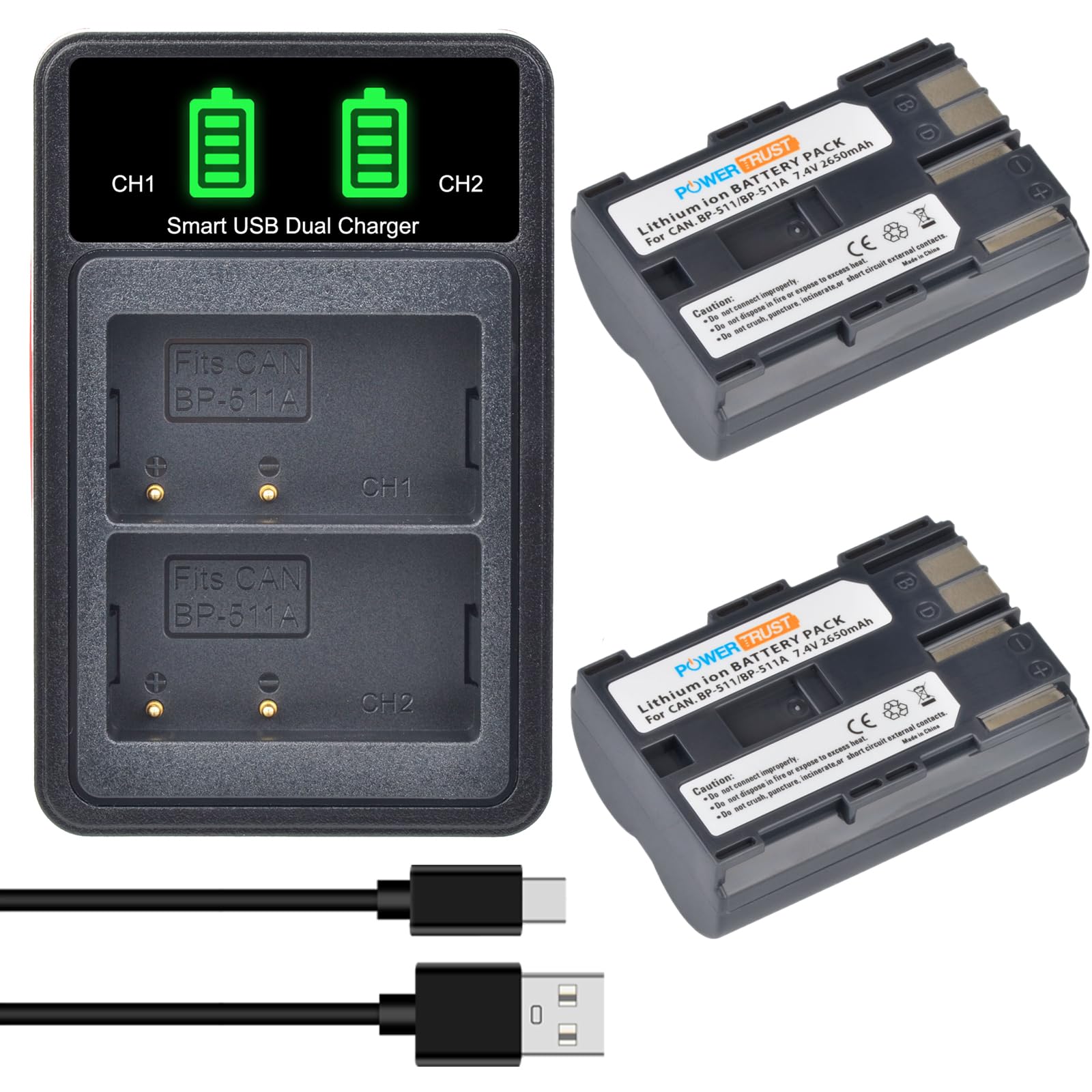Powertrust 2 Pack Bp 511 Bp511A Battery And Lcd Usb Dual Charger For Canon Eos 40D 300D 5D 20D 30D 50D