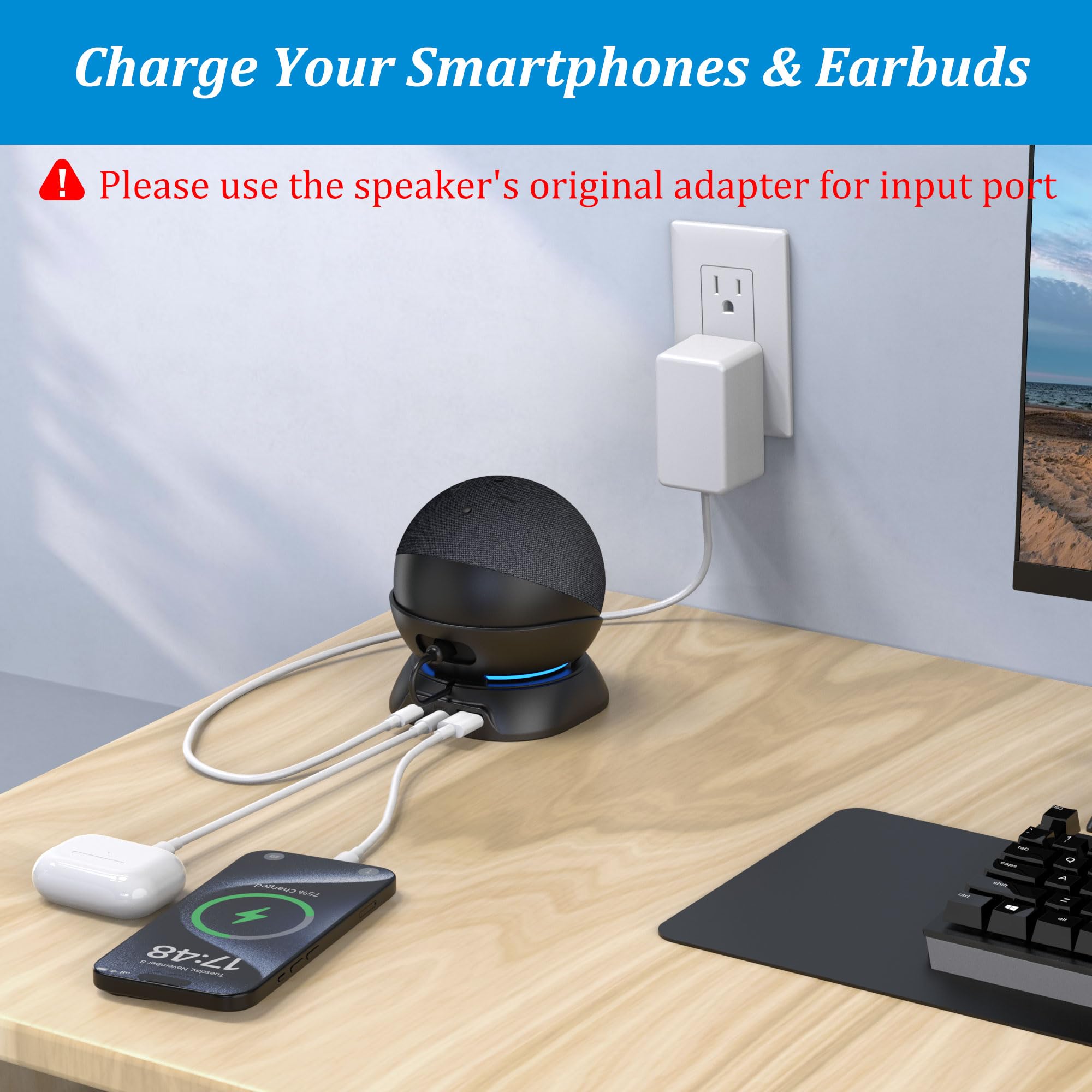 Plusacc Stand For Dot 5Th/4Th Generation With Usb C And Usb A Charging Ports, Table Holder Base For Charge Cellphones And Earbud