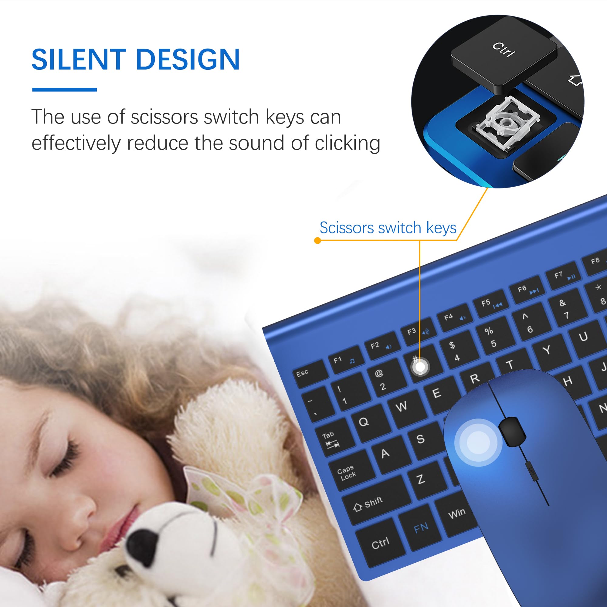 Topmate Wireless Keyboard And Mouse Ultra Slim Combo, 2.4G Silent Compact Usb Mouse And Scissor Switch Keyboard Set With Cover, 2 Aa And 2 Aaa Batteries, For Pc/Laptop/Windows/Mac   Blue Black