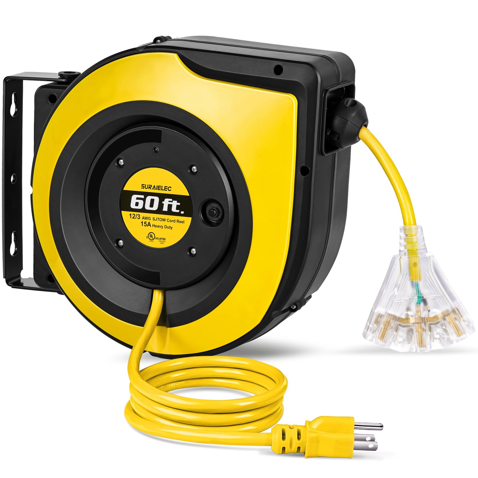 Suraielec 12 Gauge Extension Cord Reel, 60 Ft Retractable Extension Cord, 12 Awg/3C Sjtow Heavy Duty Power Cord, 15 Amp Circuit