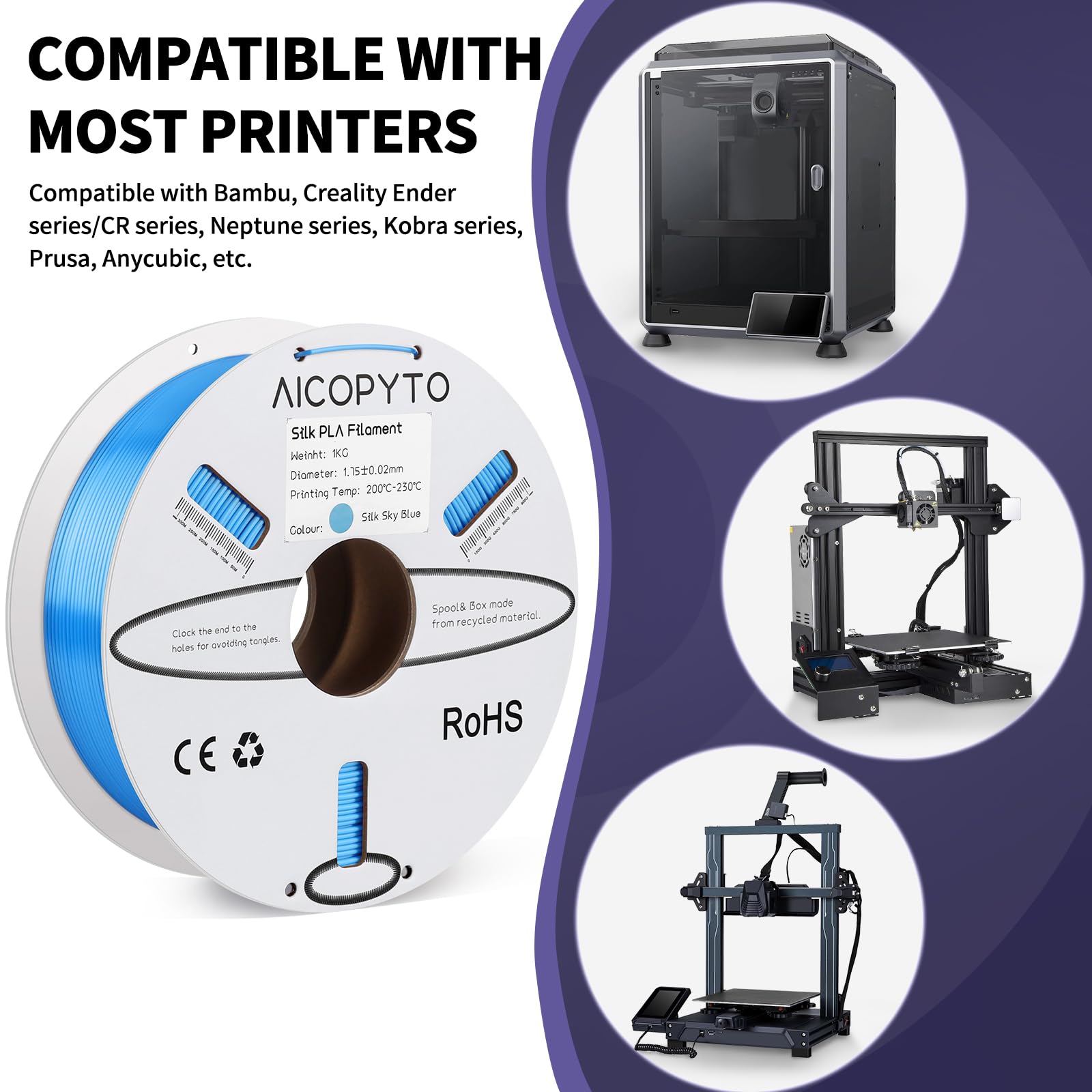 Aicopyto Silk Sky Blue Pla Filament 1.75Mm, 3D Printer Silk Pla Blue Filament 1Kg Spool(2.2Lbs) Dimensional Accuracy Probability