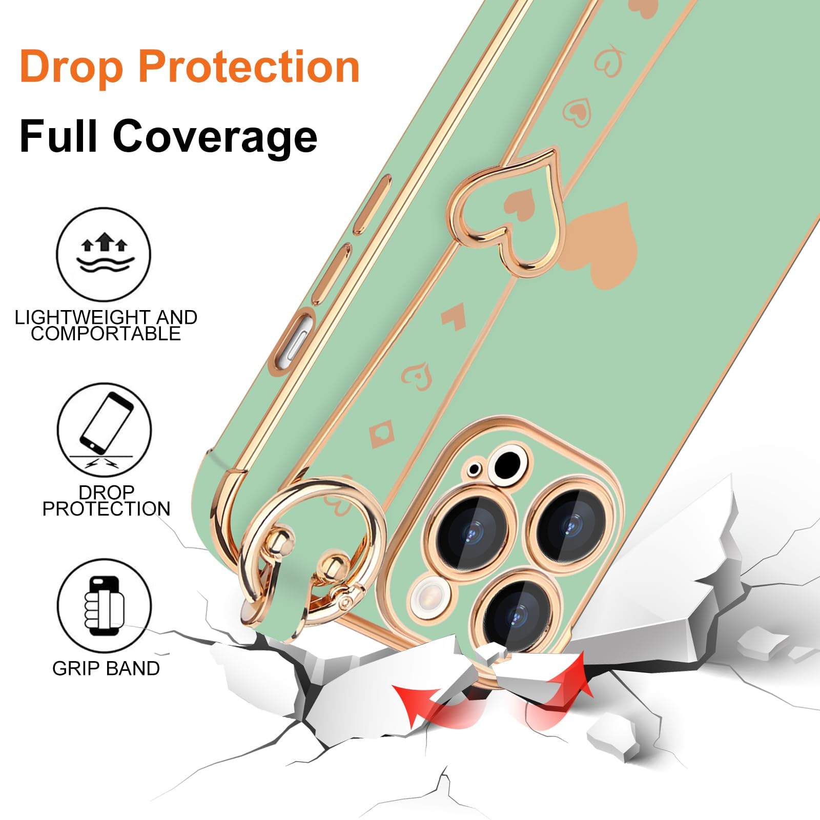 Llz.Coque For Iphone 15 Pro Case With Strap For Women Girls [2   Screen Protectors], Cute Love Hearts Design, Wristband Kickstan