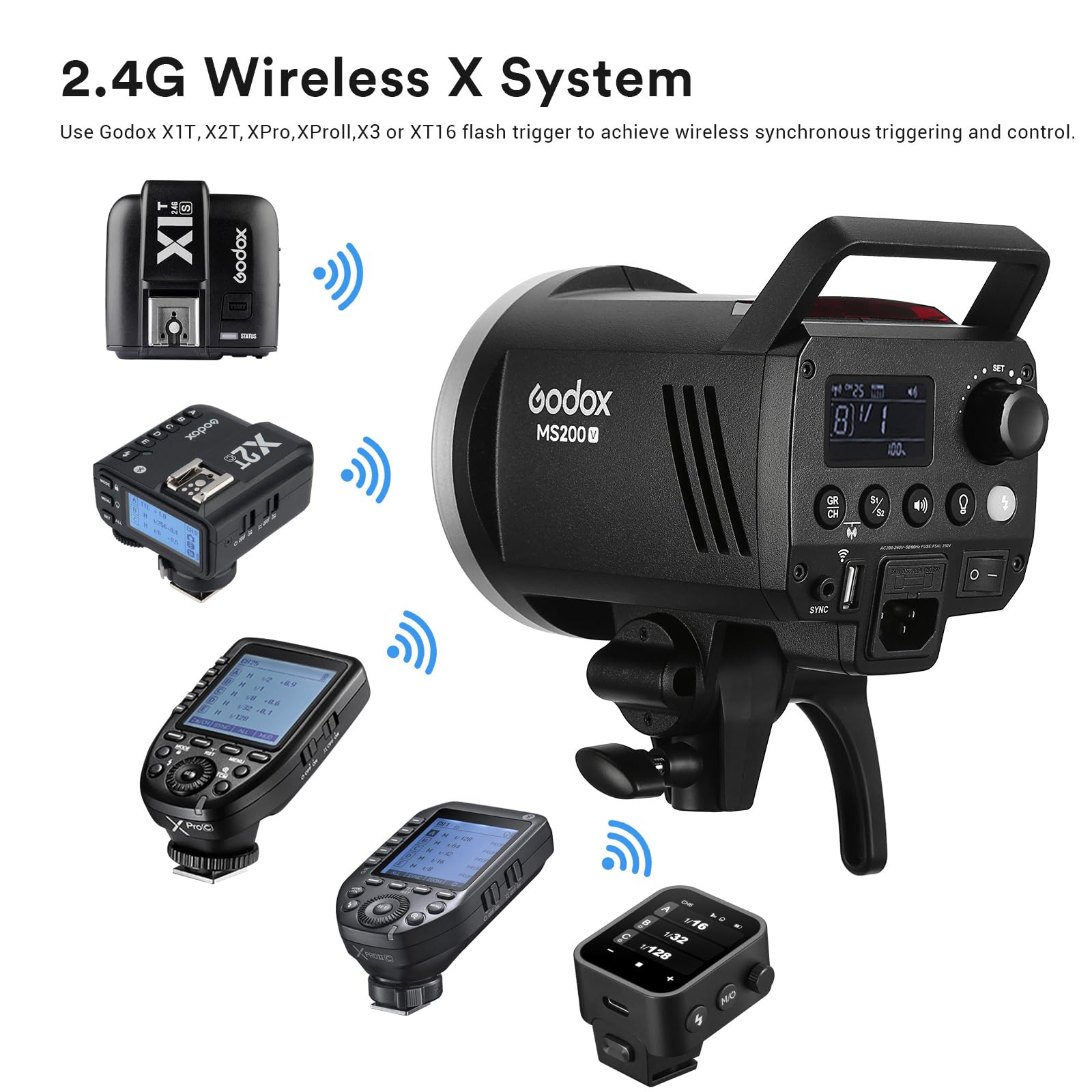 Godox Ms200V Ms200 V Studio Strobe Flash Light, 200W 110V 2.4G Compact Photography Flash, 10W Led Modeling Lamp, Bowens Mount Mo