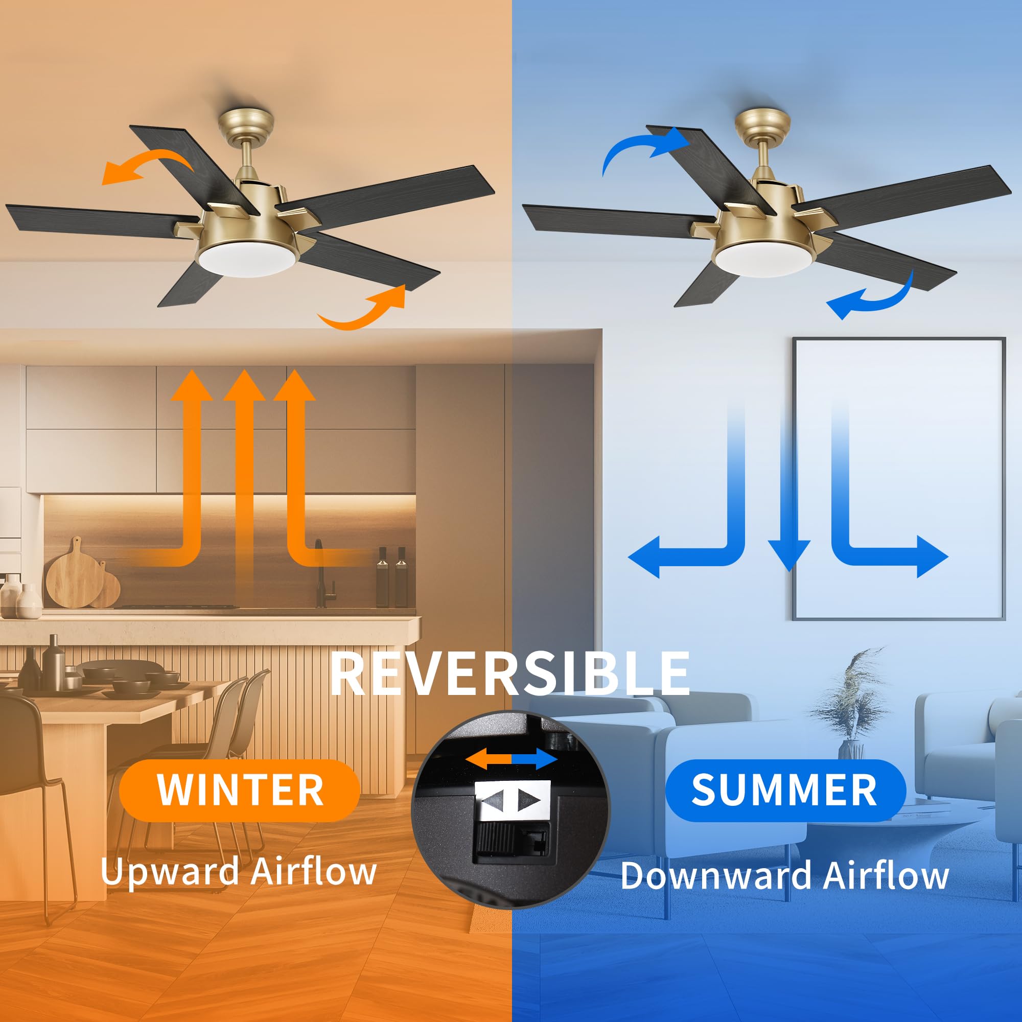 Yitahome Black Gold Ceiling Fan With Light And Wall Switch Remote, 52 Inch Modern Ceiling Fan, Quiet Reversible Motor, Dimmable