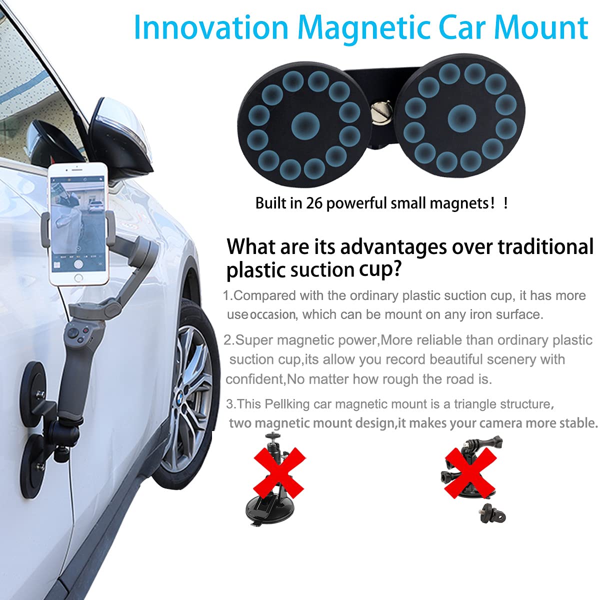 Pellking Magnet Camera Mount For Gopro,Heavy Duty Metal Car Powerful Magnetic Camera Mount With 360 Degree Rotation Ball Head For Car Body,Compatible With Gopro Hero 9 Black 8/7/6/5,Etc