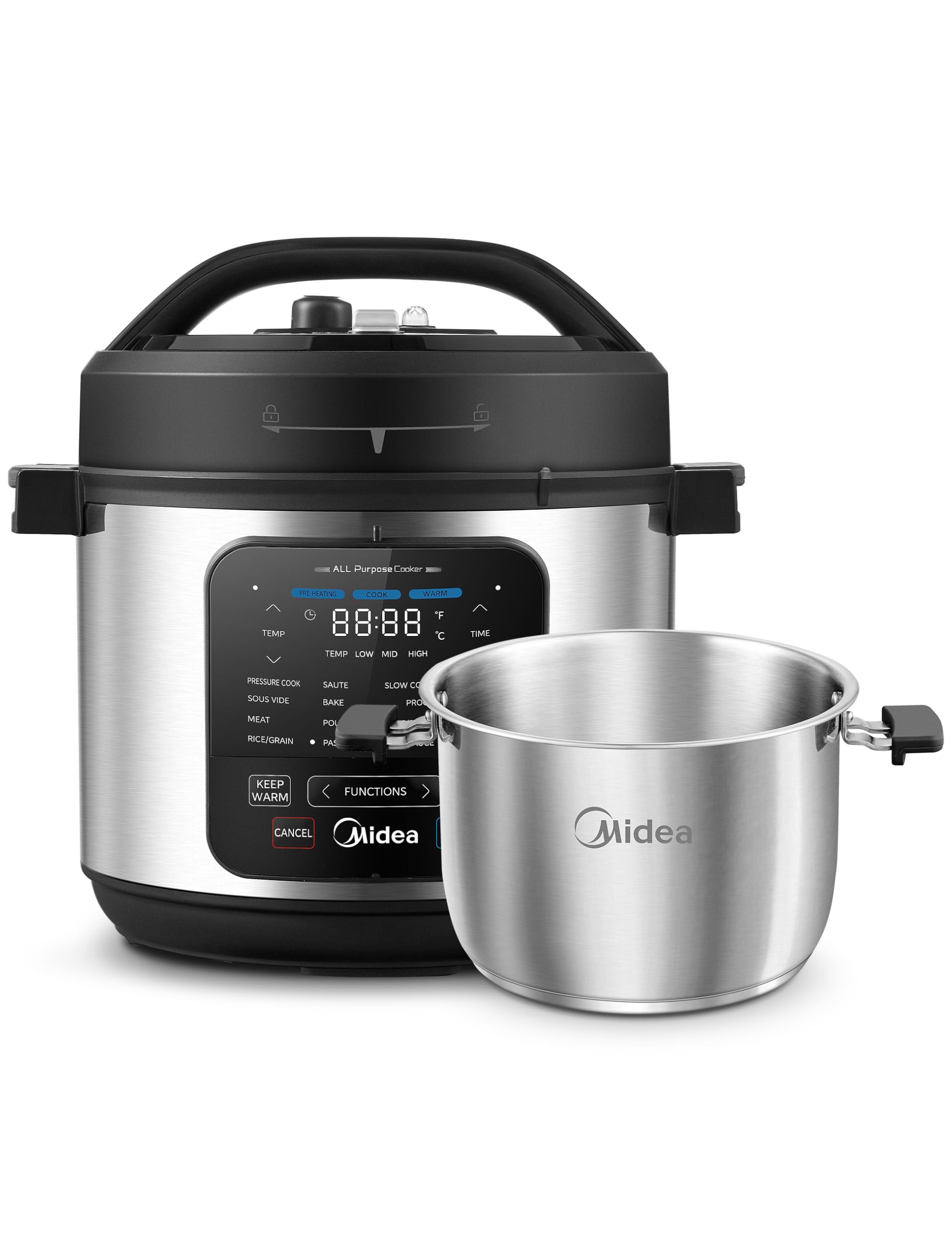 Midea 10-in-1 Electric Pressure Cooker with Slow Cooker, Steamer, Saute, Sous Vide, and Bake Modes, Stovetop & Oven Safe Stainle