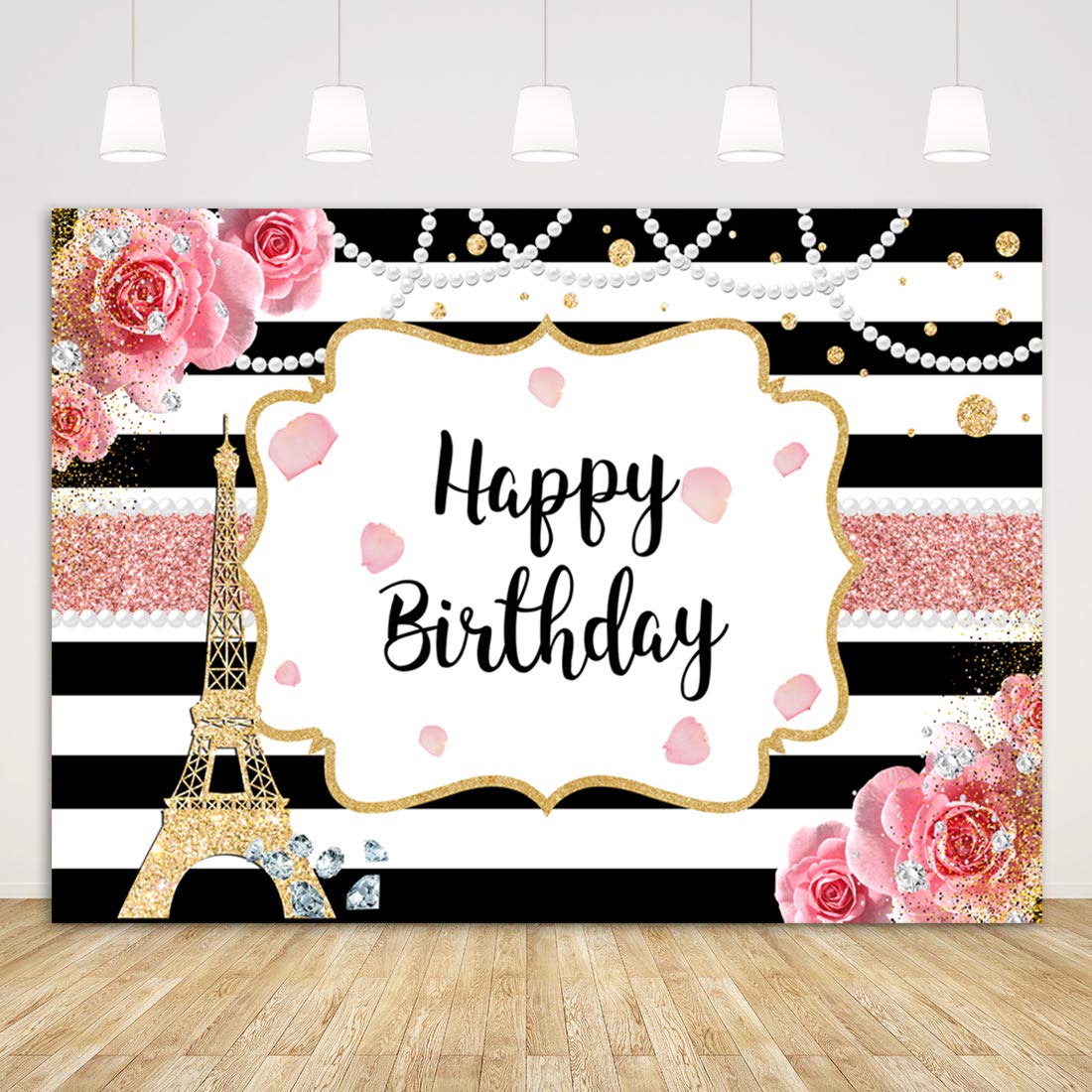 Sensfun Paris Birthday Backdrop Eiffel Tower French Theme Birthday Photo Background 7X5Ft Pink Roses Ooh La La Black White Stripes Floral Happy Birthday Backdrops Decorations
