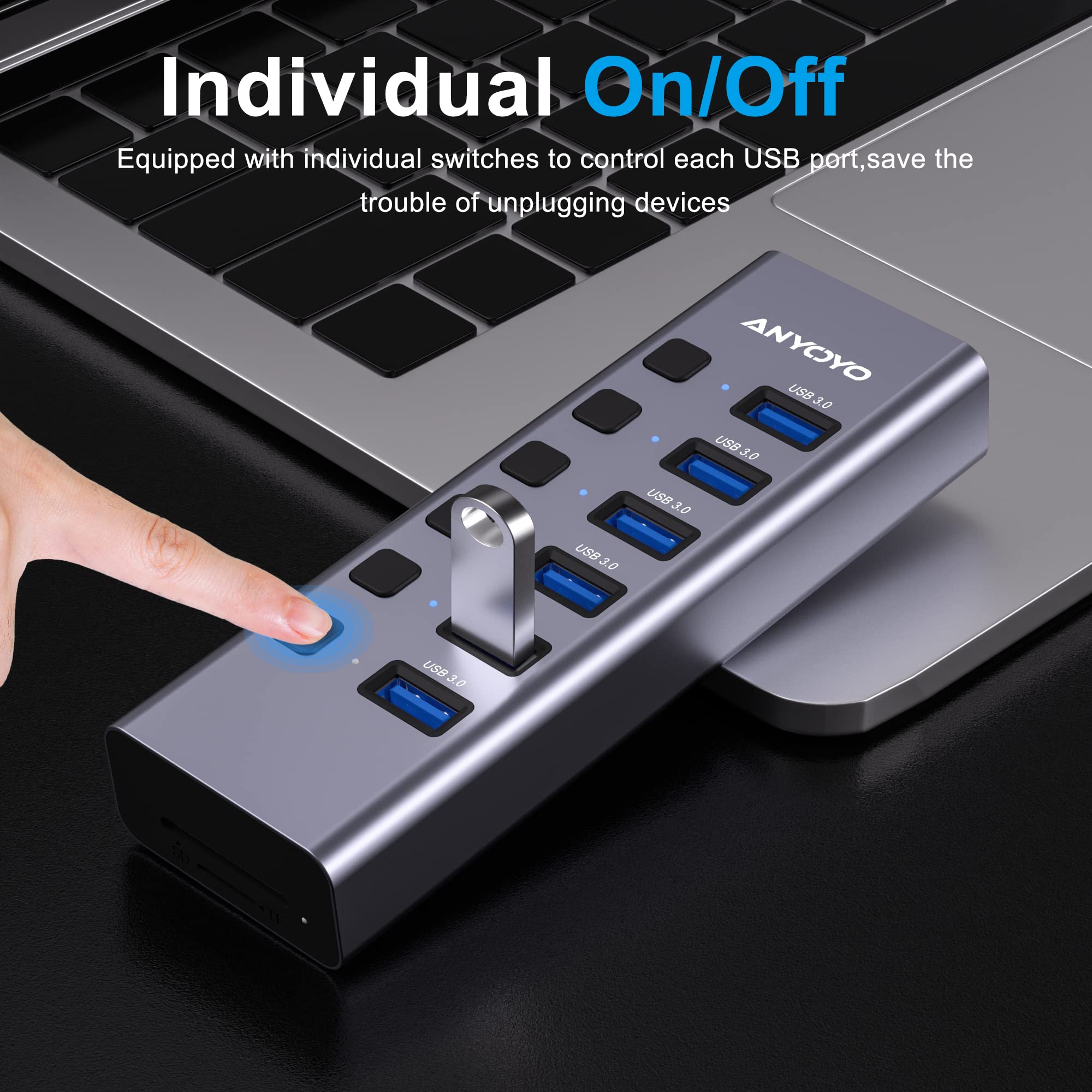 Powered Usb Hub With Tf/Sd Card Reader, 8 Port Usb 3.0 Hub With 6 Usb 3.0 Data Ports, Usb Spilter With Individual On/Off Switche