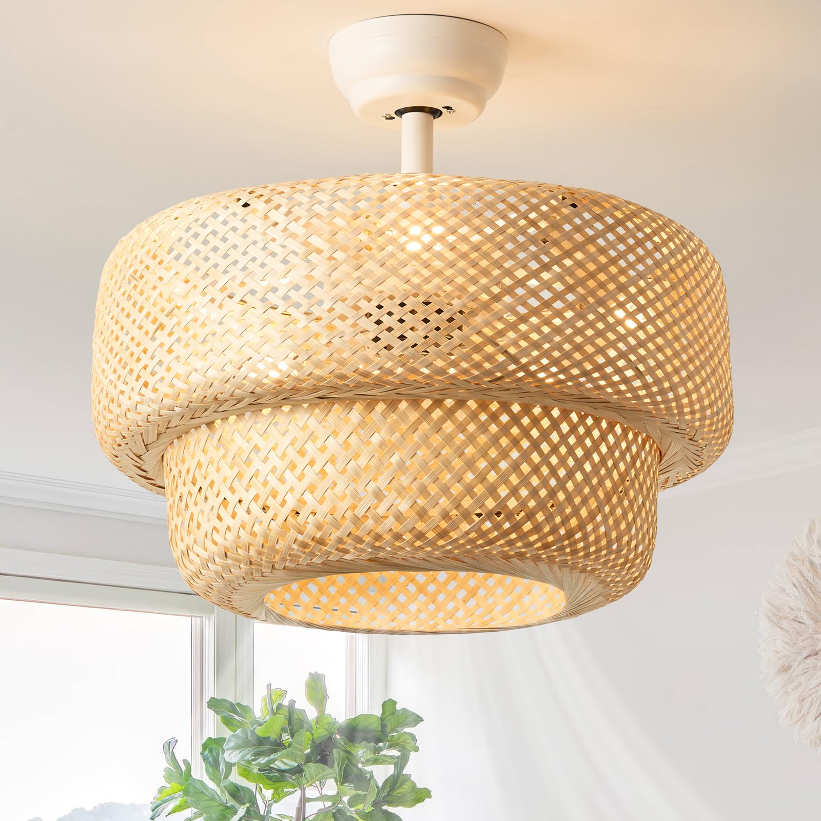 SYDACG Boho Ceiling Fans with Lights, 20 Rattan Ceiling Fan with Light Remote Control, Caged Fandelier with 6 Speeds for Bedroom