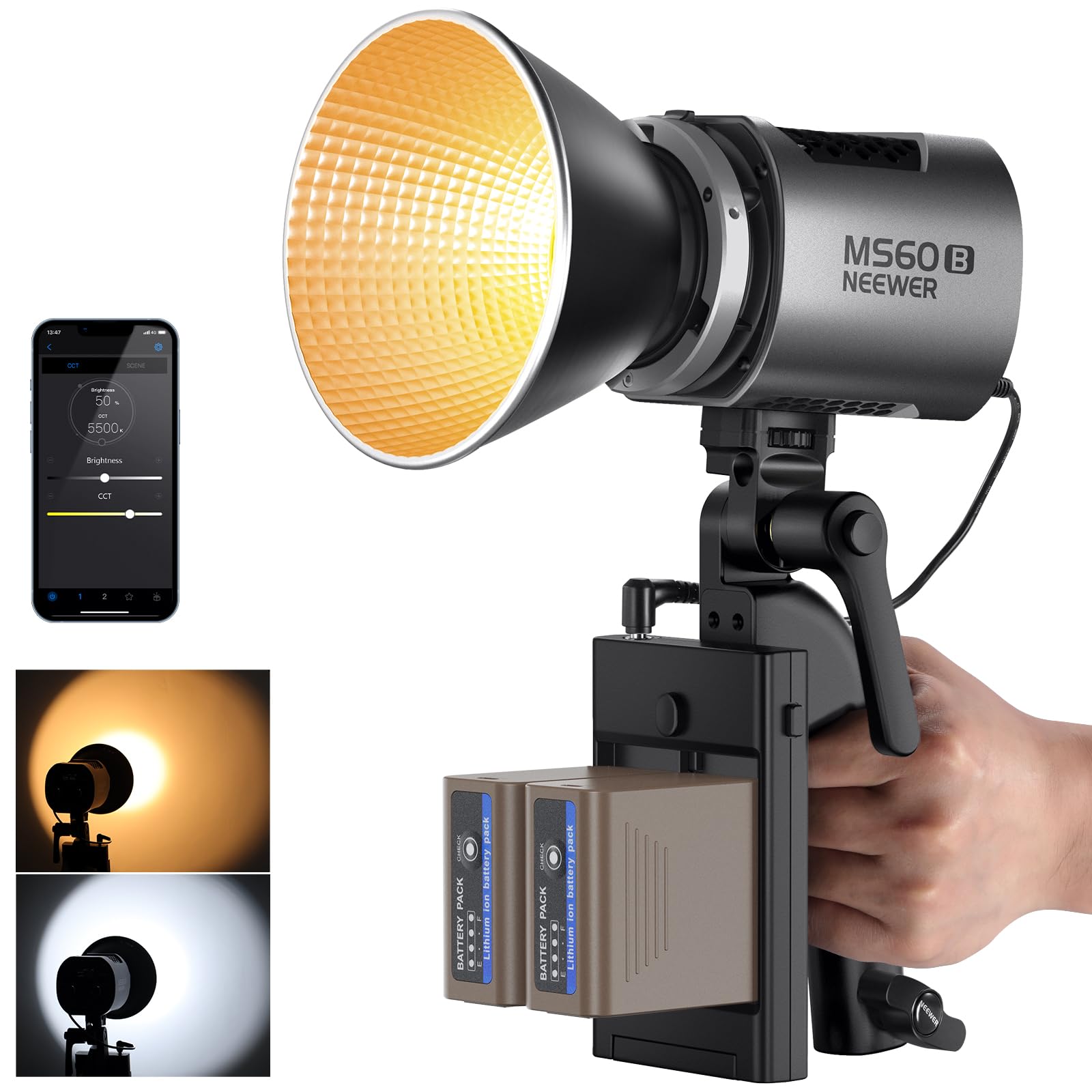 Neewer Ms60B 65W Cob Led Video Light With Battery Kit, 2.4G/App Control, 2X 7800Mah Np F970 Battery Pd Fast Charging, 2700K 6500