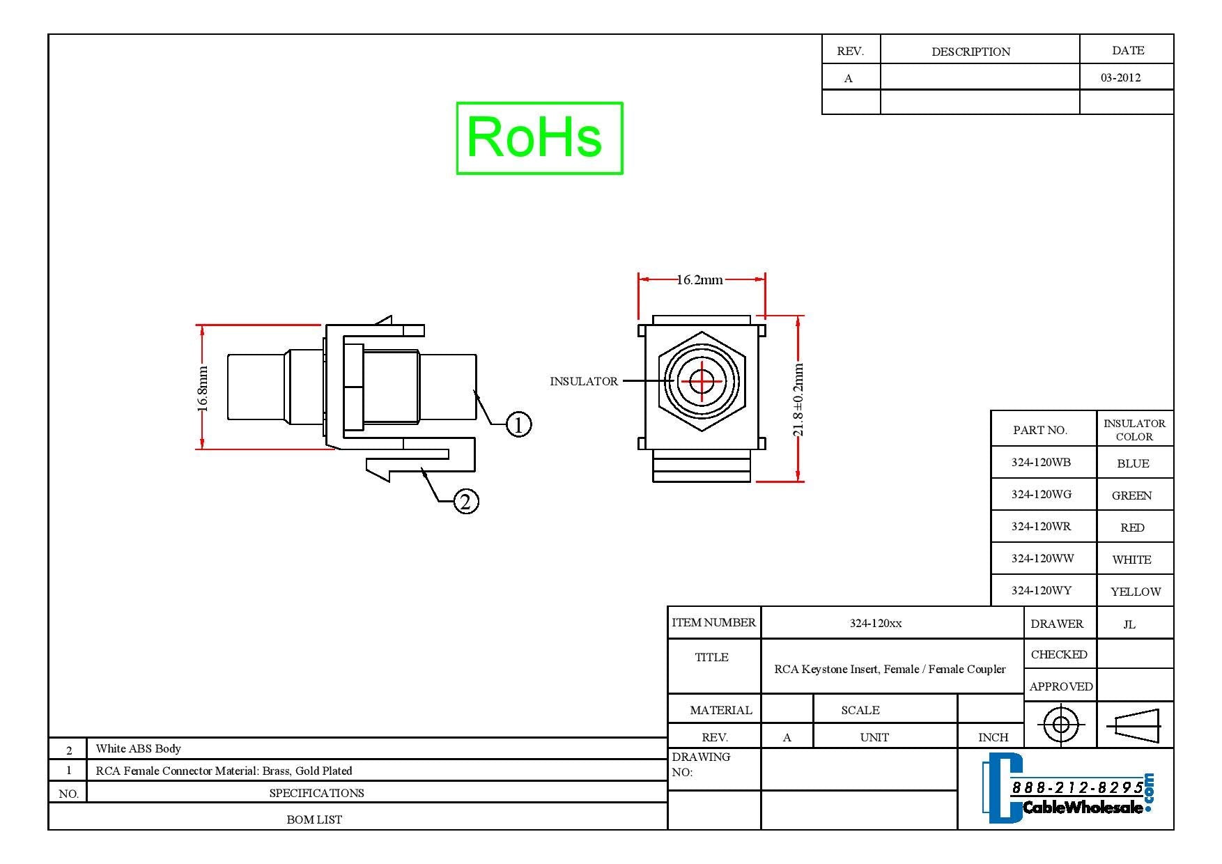 Cablewholesale Gold Plated Rca Female To Rca Female, White Rca Coupler Adapter With White Keystone Insert, White Rca Jack Connec