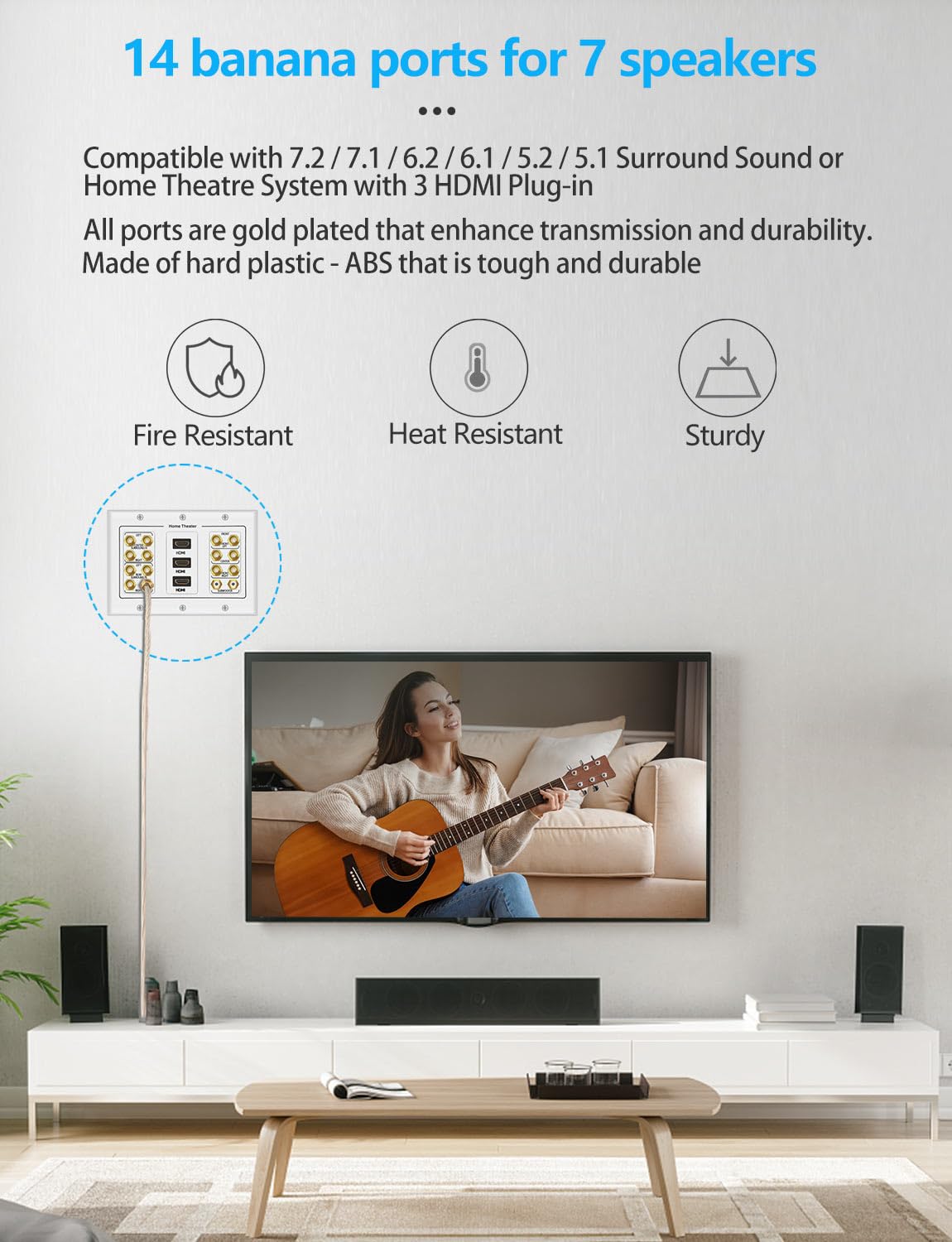 Icespring 3 Gang 7.2 Surround Sound Distribution Home Theater Copper Banana Binding Post Coupler Type Wall Plated For 7 Speakers
