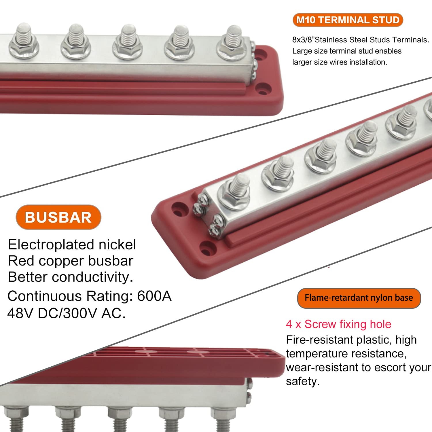 Gloaso 600A Copper Bus Bar Power Distribution Block Heavy Duty 8 X 3/8'' Posts Terminals Distributor Connecting Blocks 12V  48V