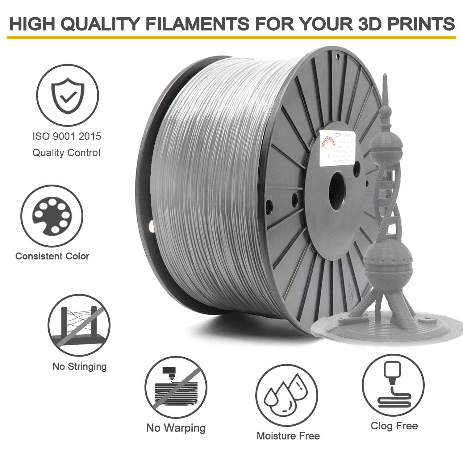 Reprapper Gray Mpla (Modified Pla) Extra Strong Pla Plus Filament For 3D Printer 1.75Mm ( 0.03Mm) 6.6Lbs (3Kg)