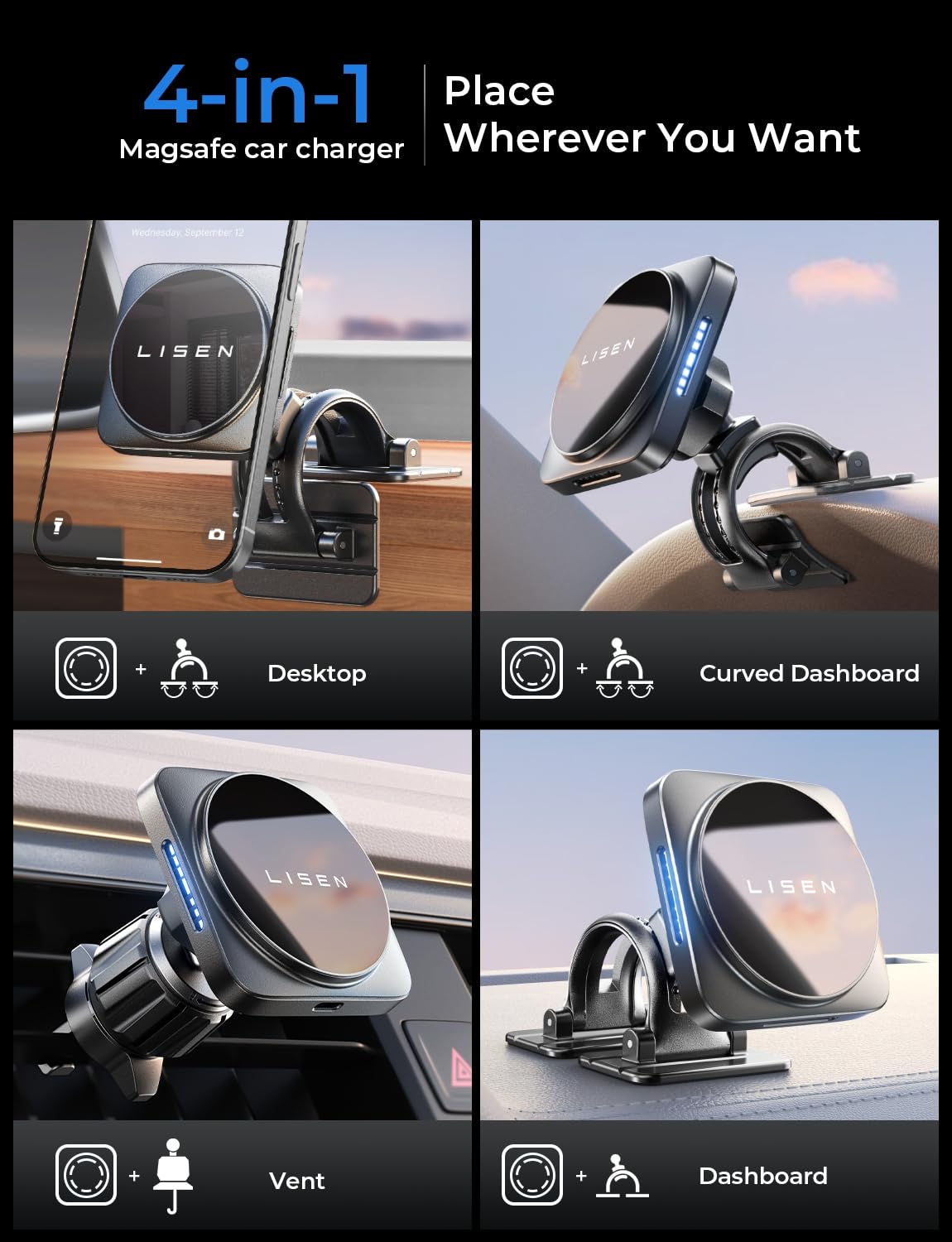 Lisen For Iphone 16 Pro Max Magsafe Car Mount Charger, 15W Magnetic Wireless Car Charger, Compatible With Mag Safe Car Mount, Ai