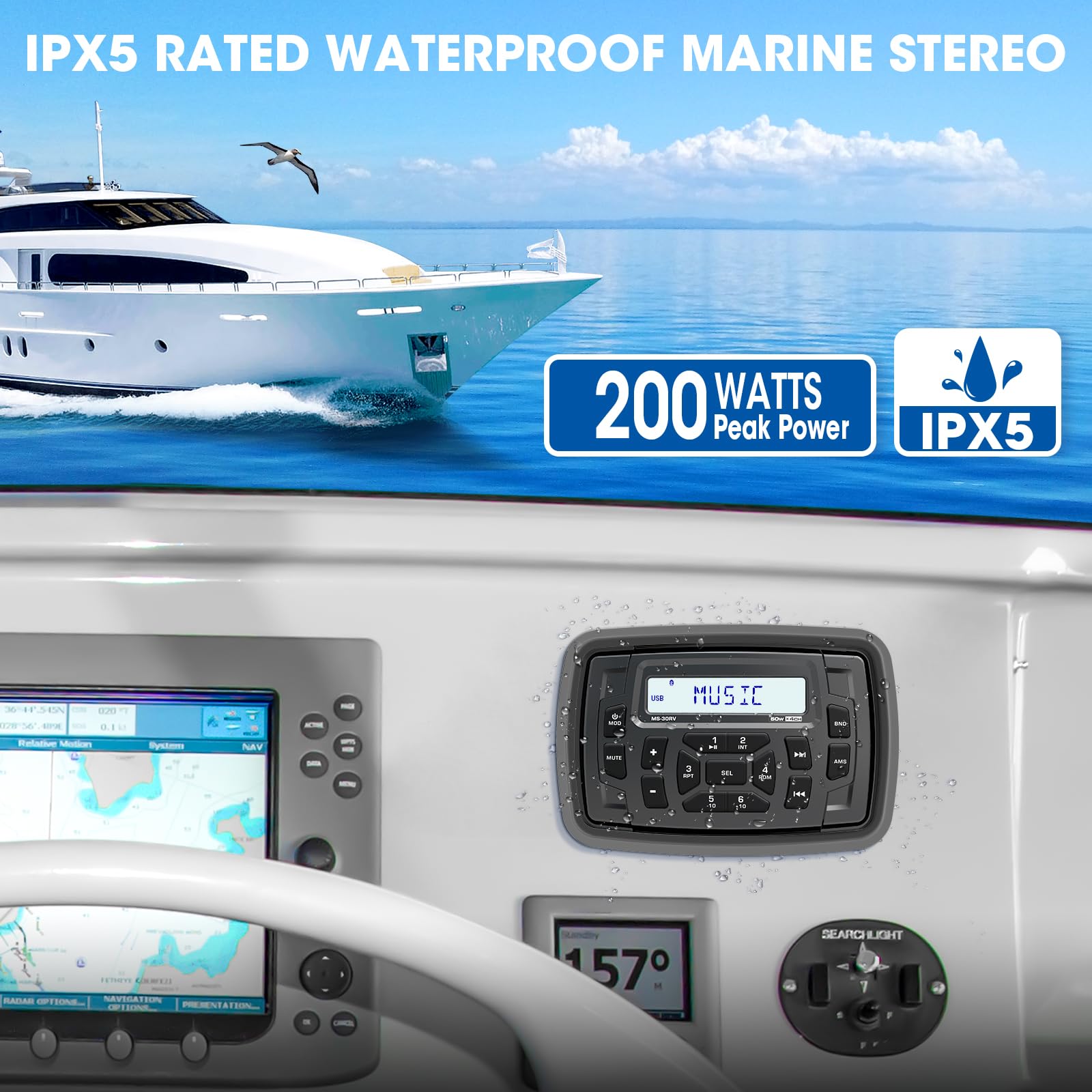 Bluetooth Marine Radio Receiver Waterproof   200 Watts Boat Stereo Head Unit With Subwoofer Usb Aux Am Fm For Atv Utv Rzr Motorc
