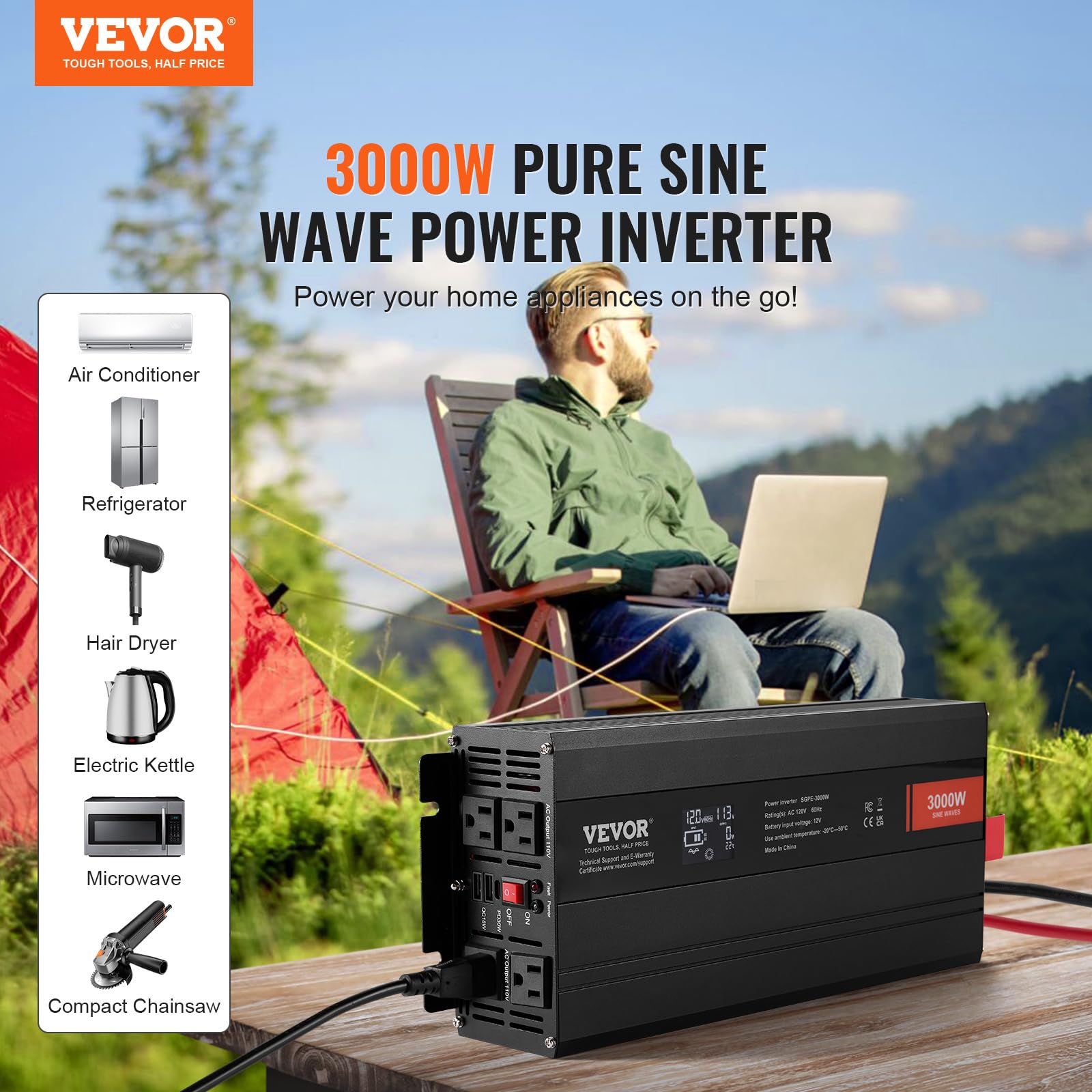 Vevor Pure Sine Wave Inverter, 3000 Watt, Dc 12V To Ac 120V Power Inverter With 2 Ac Outlets 2 Usb Port 1 Type-C Port, Lcd Displ