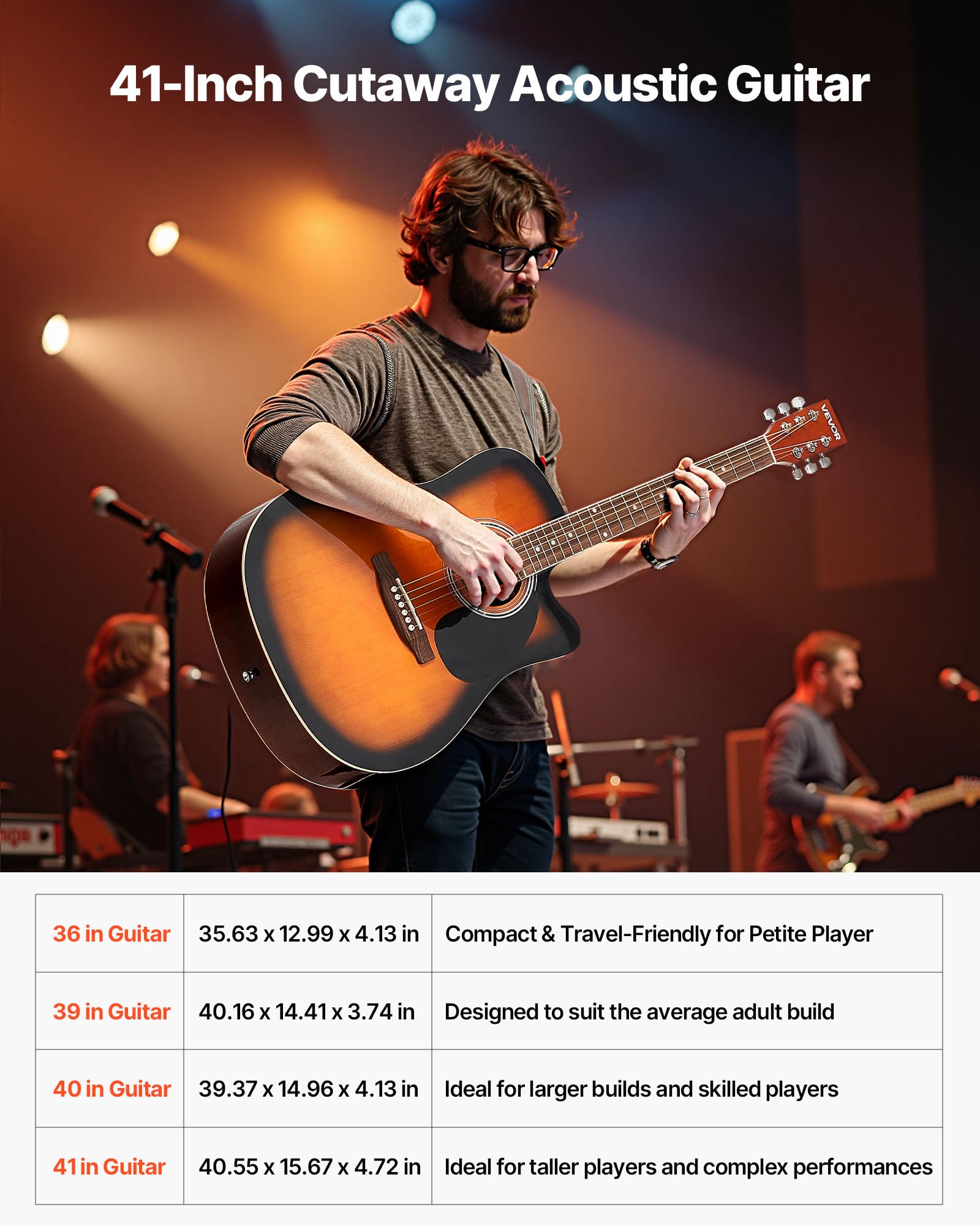 Vevor 41 In Cutway Acoustic Guitar, 6-String, Sunburst Solid Spruce Top Guitar, Beginner Bundle With Gig Bag, Tuner, Strap, Stee