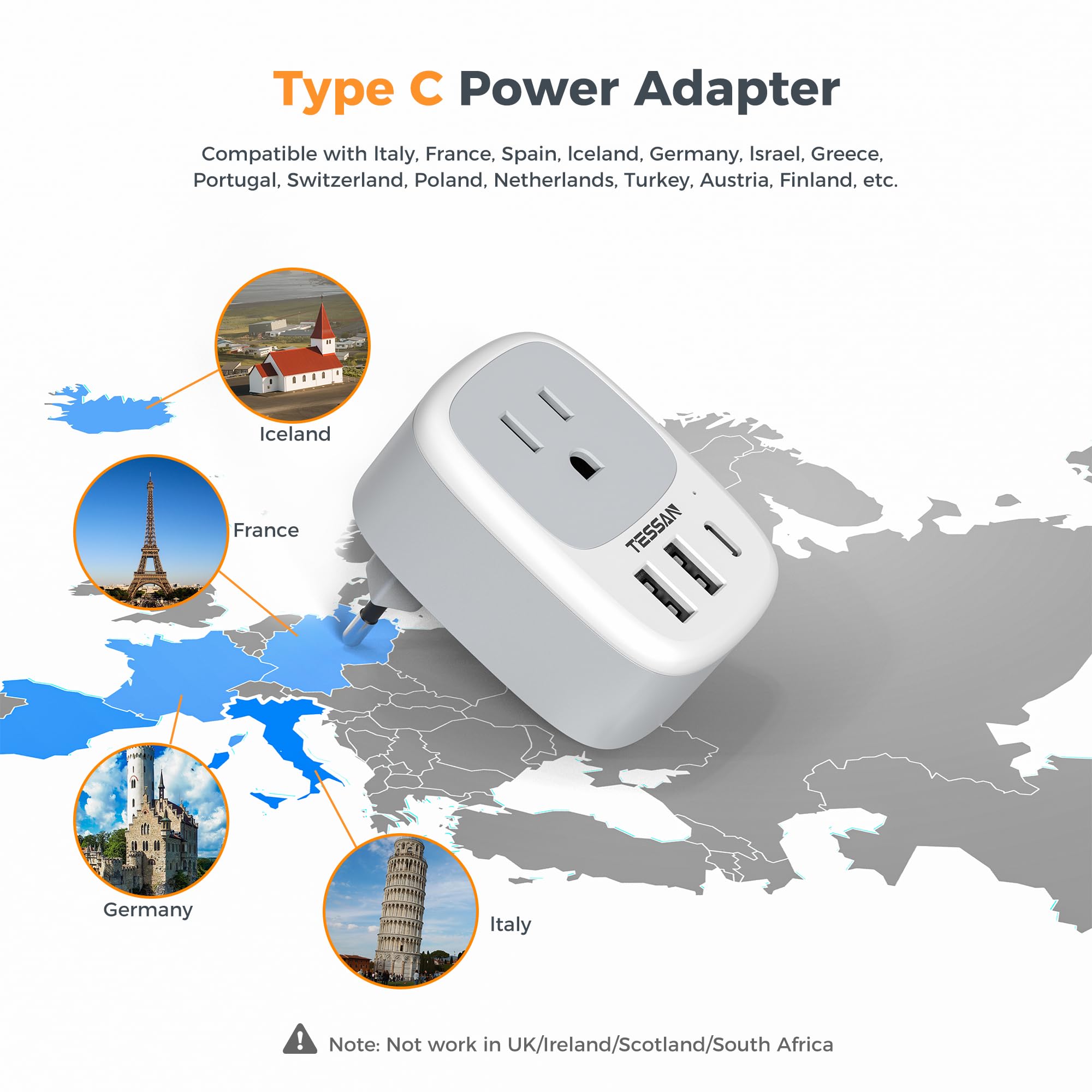 Tessan European Travel Plug Adapter, Europe Power Outlet With 3 Usb Ports (1 Usb C Port), Type C Plug Adaptor For Us To Eu Italy