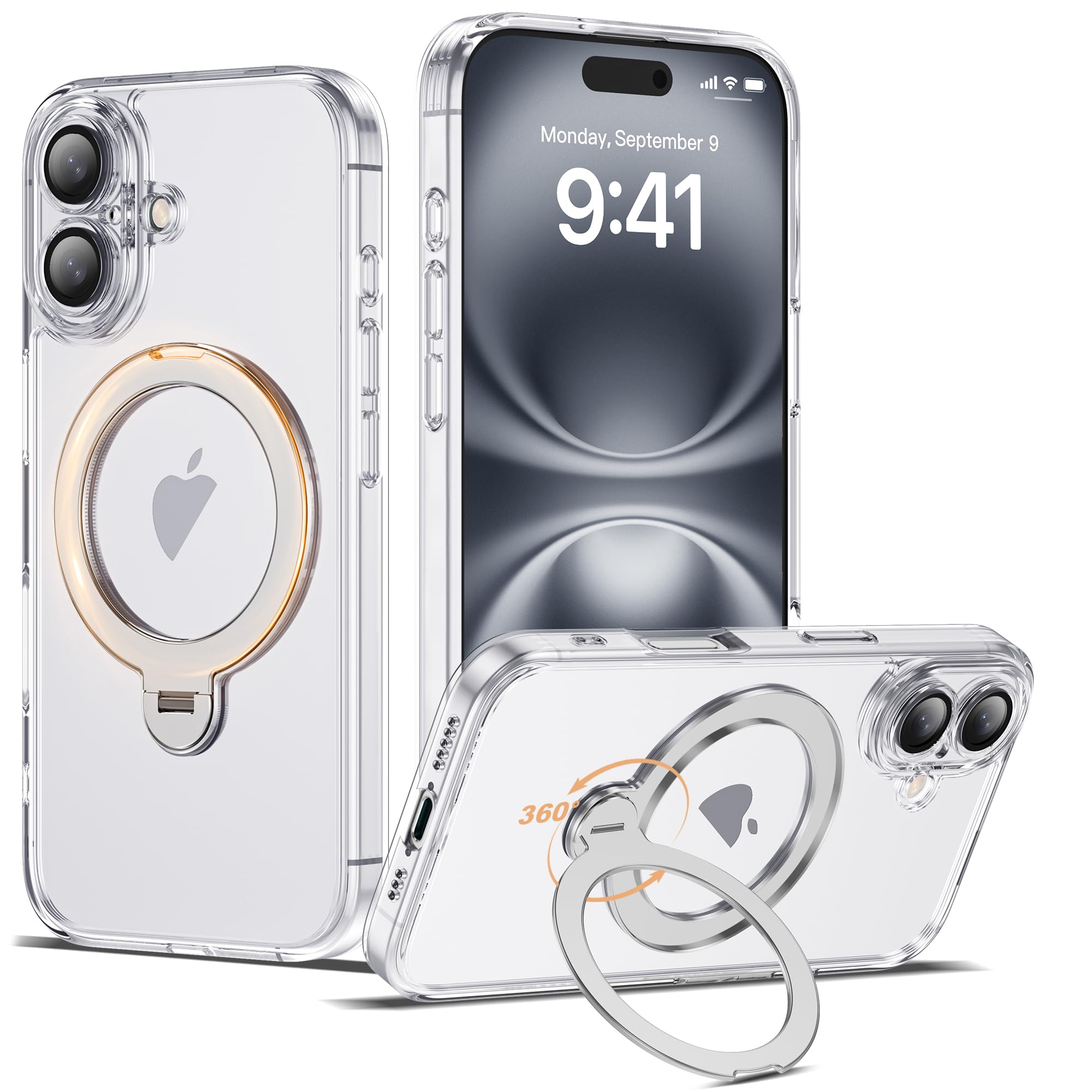 AmoraAqua Compatible with iPhone 16 Case with 360 Spin Magnetic Ring Stand [Compatible with Mag-Safe] Full Camera Lens Protector
