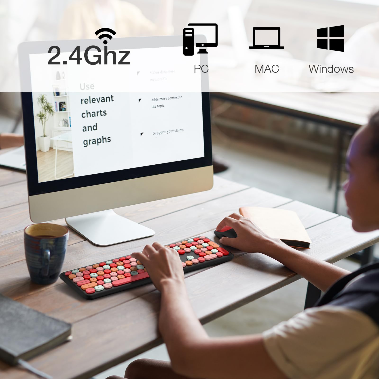 Meidosa Wireless Keyboard And Mouse Combo, Cute Colorful Keyboard Mouse Wireless 2.4G Usb Dongle Plug And Play For Pc, Laptop, C