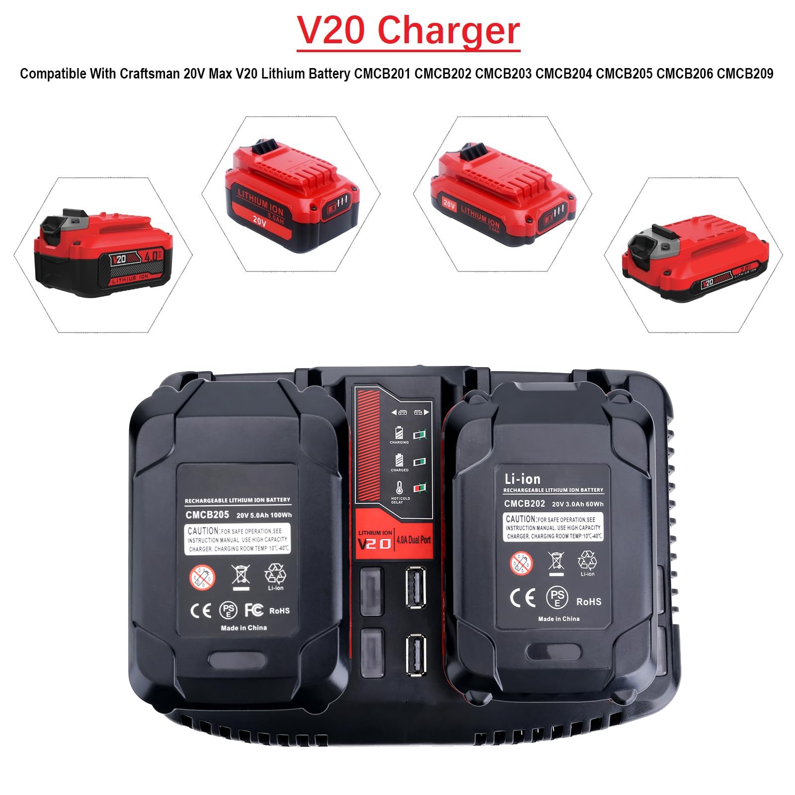 Cmcb124 Dual Port V20 Battery Fast Charger Replacement For Craftsman 20V Max V20 Battery Lithium Cmcb202 Cmcb201 Cmcb209 Cmcb205