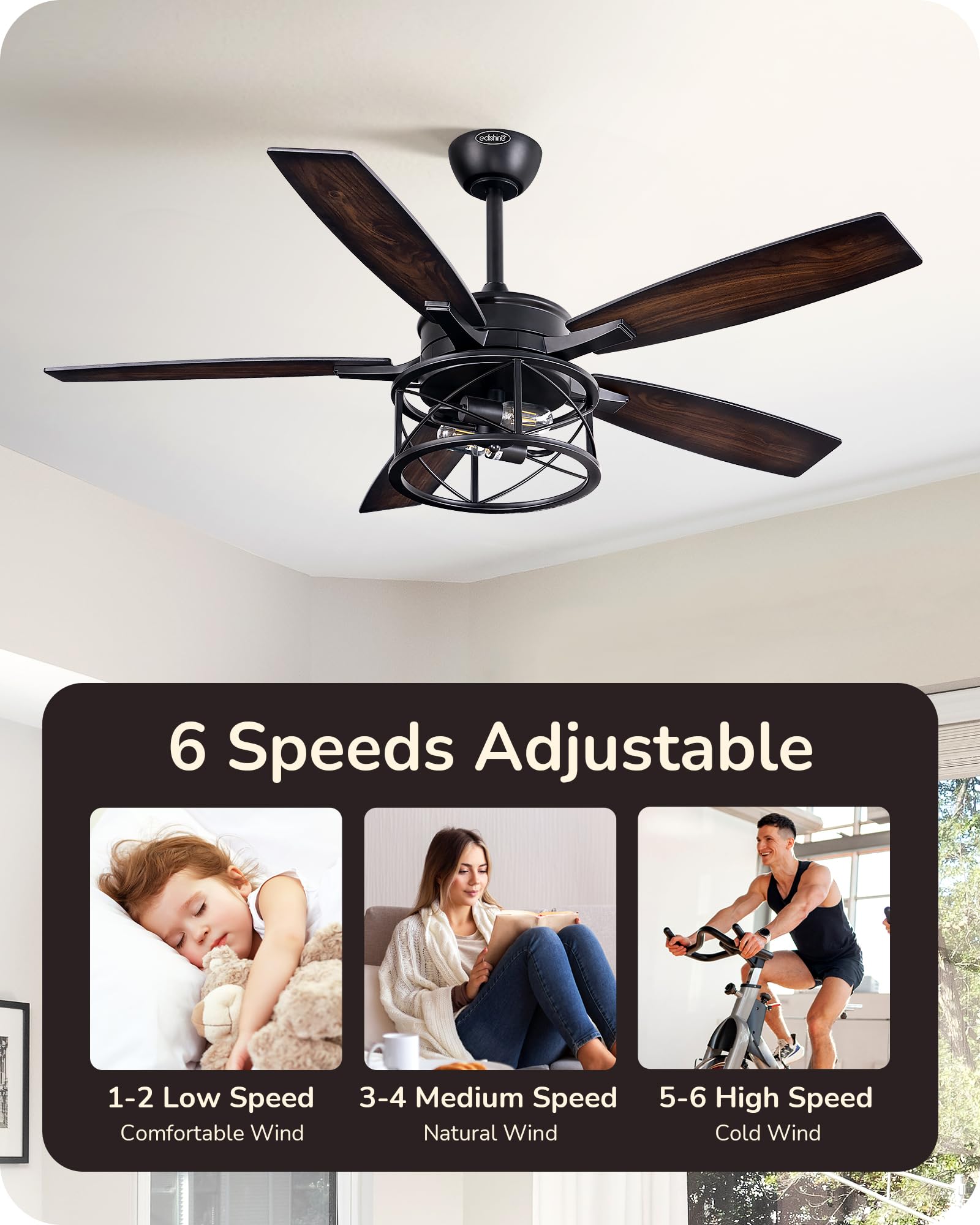 Edishine 52 Inch Farmhouse Ceiling Fans With Lights, Rustic Ceiling Fan With Light And Remote, 5 Wooden Blades Lighting & Ceilin