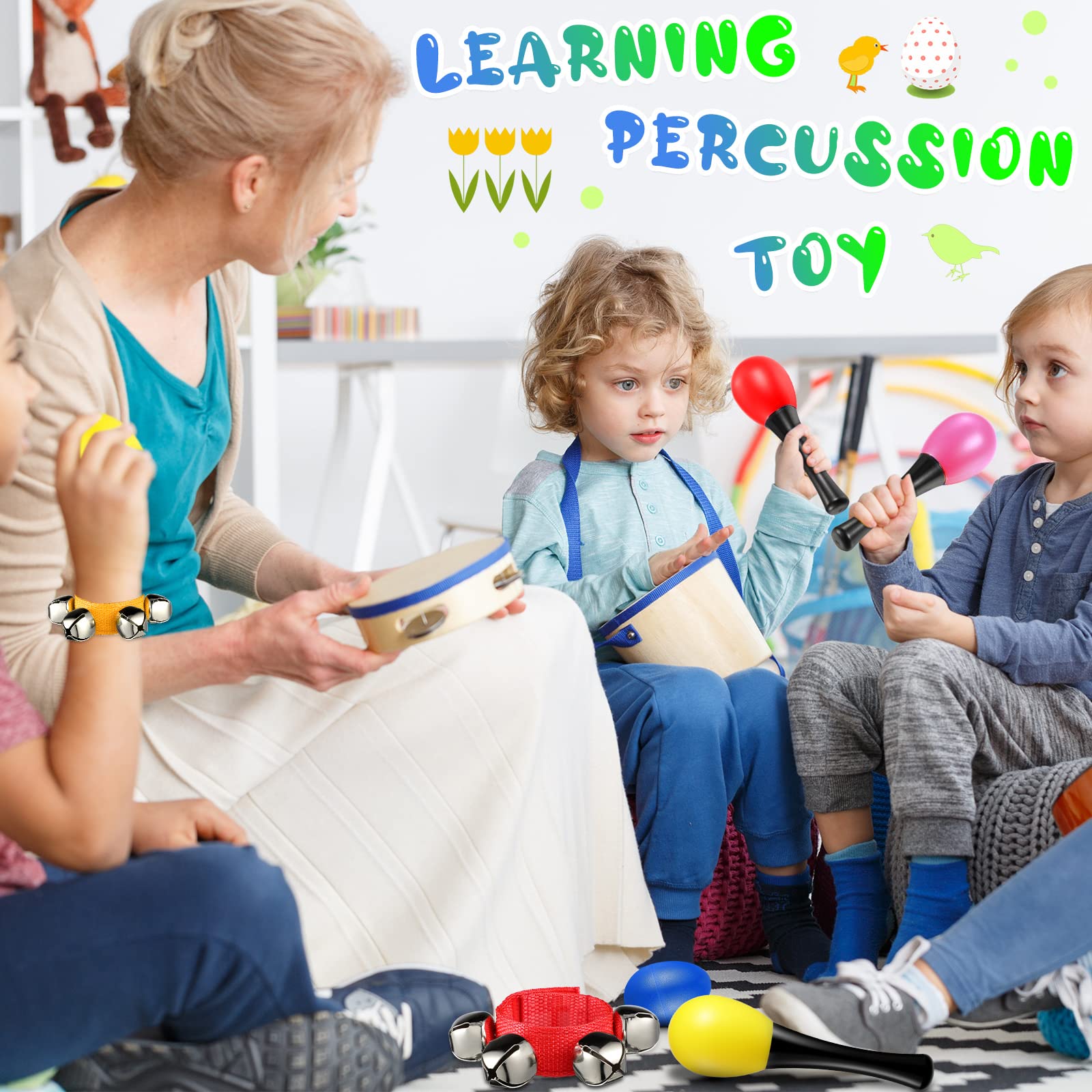 60 Pcs Shaker Musical Instruments Kids Music Party Favor Baby Learning Percussion Toy, Including 20 Pcs Wrist Hand Band Jingle B