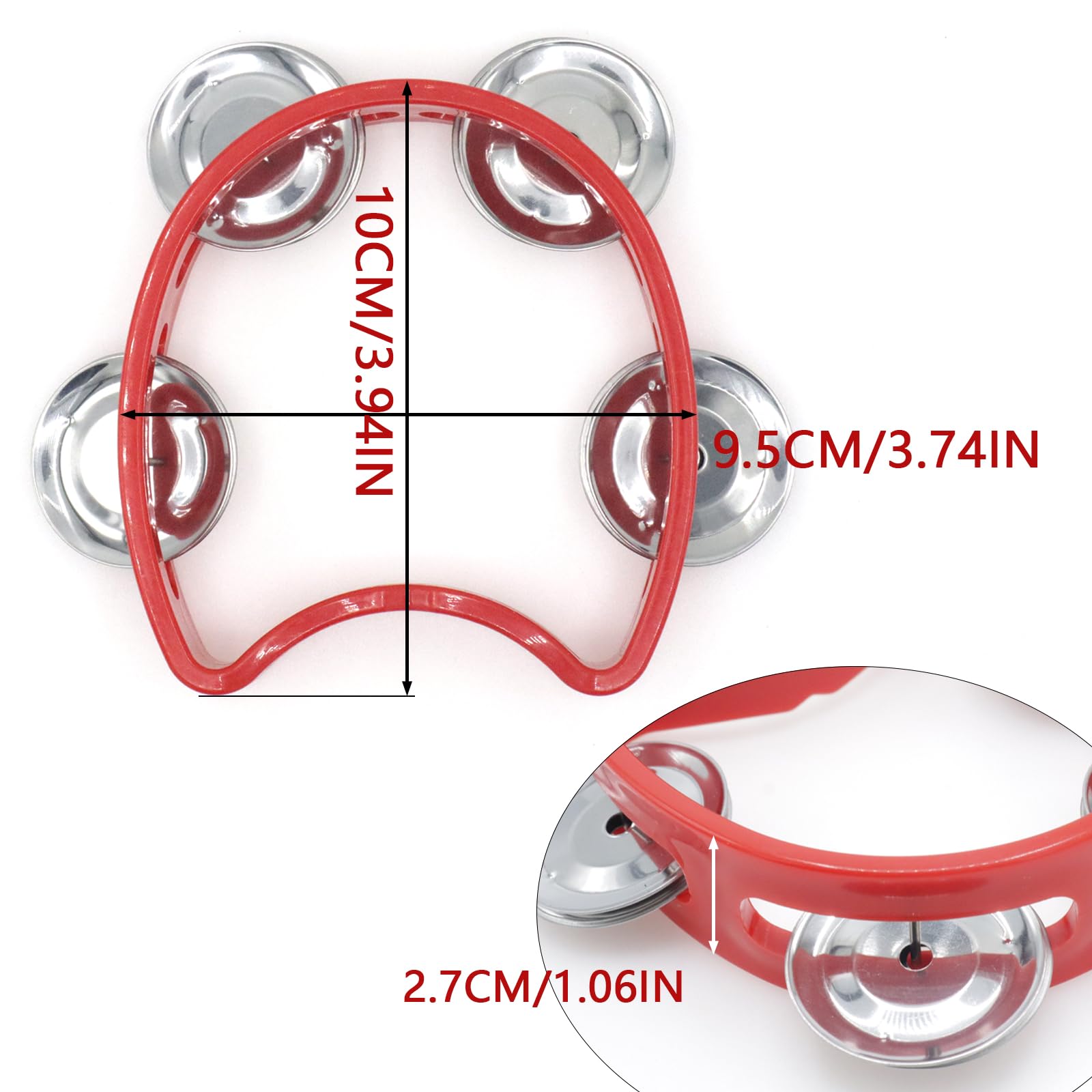 Cheerock Pack Of 2 Plastic Percussion Handheld Tambourines With 4 Jingle Bells, Red Mini Hand Bell Percussion, Musical Rhythm In