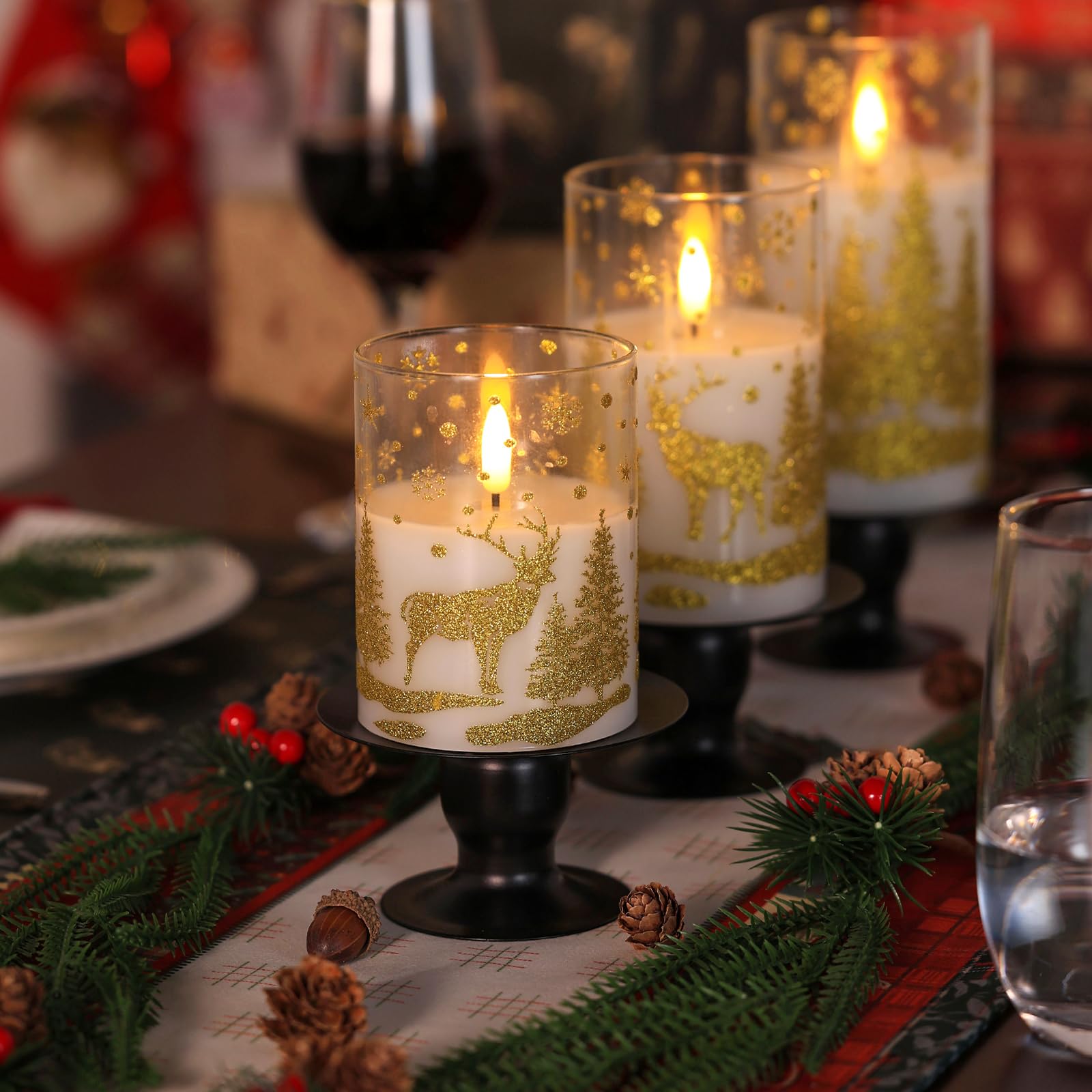 Flameless Candles With Remote, Real Wax Led Candles With Golden Snowflakes, Trees & Deer, Battery Operated Flickering Candles Wi