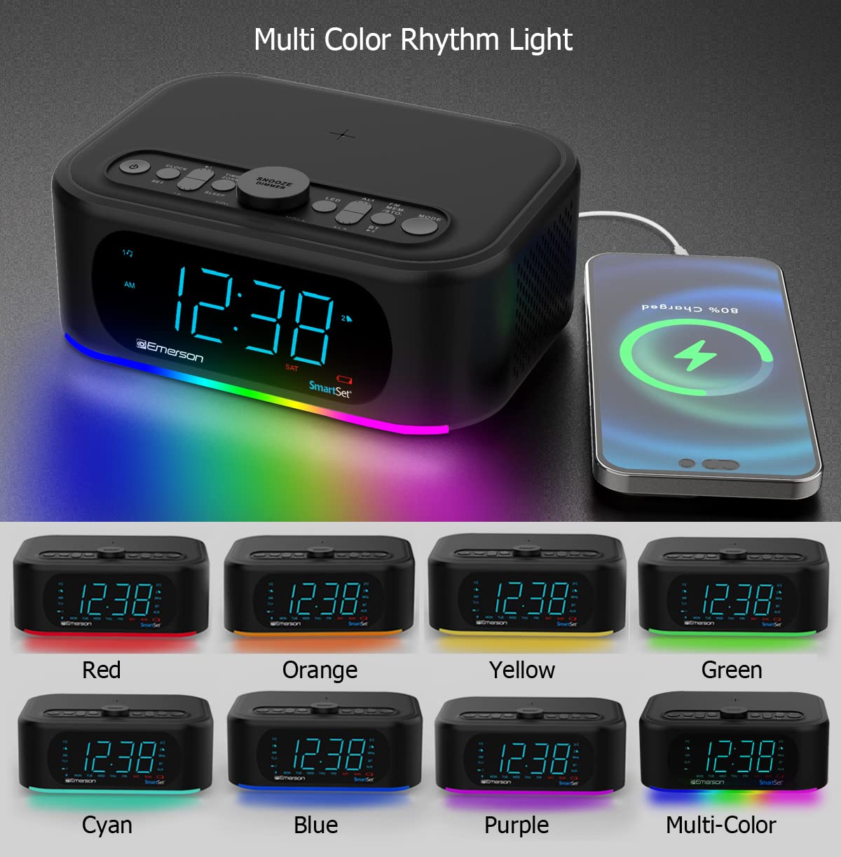 Emerson Smartset 7 Color Bluetooth Speaker   10W Stereo Sound, 15W Wireless Charging, And Led Lights Changing To Music,Black