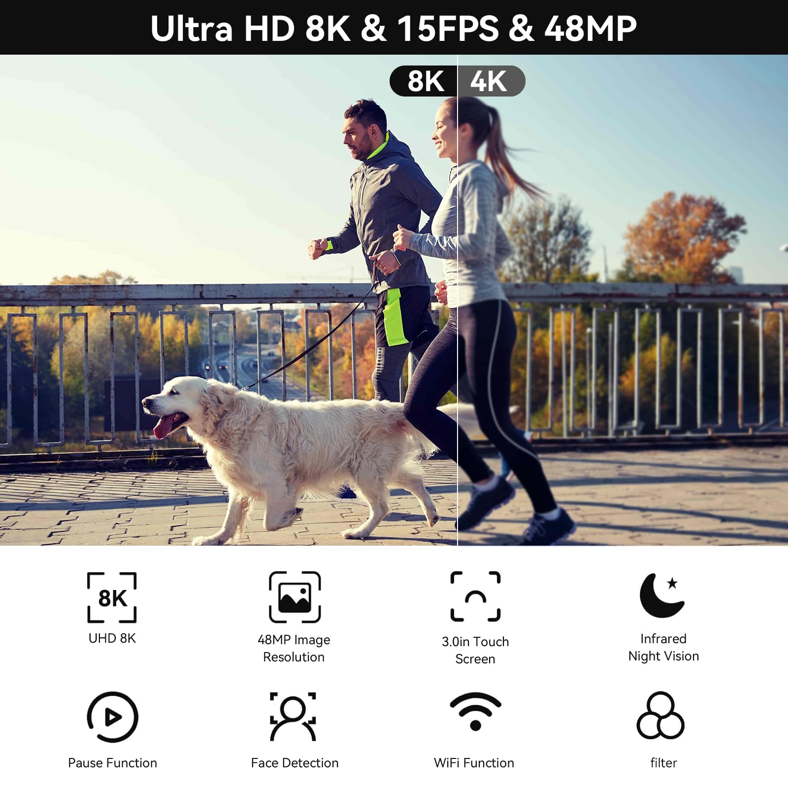 Wikico Video Camera, 8K Camcorder 48Mp Vlogging Camera For Youtube 18X Digital Zoom 3    Touch Screen With Wifi, External Mic, F