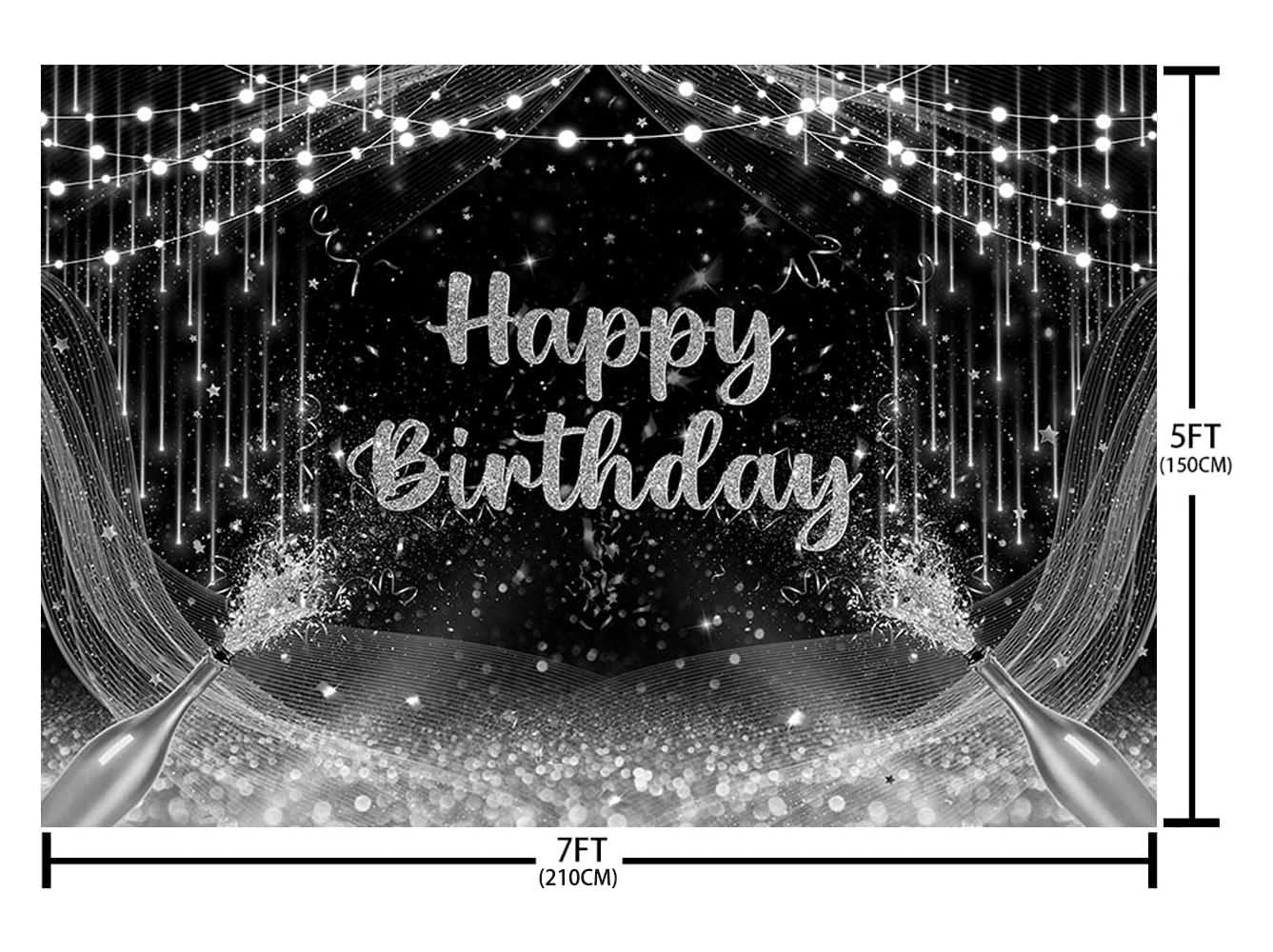 Aibiin 7X5Ft Black And Silver Birthday Backdrop Happy Birthday Photography Background Silver Glitter Birthday Prom Party Decorat