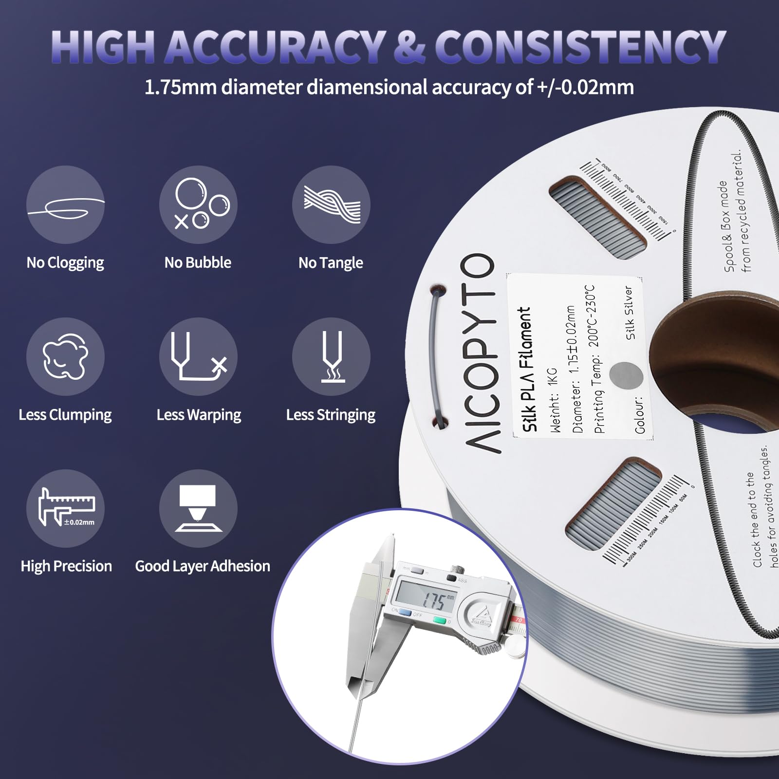 Aicopyto Silk Silver Pla Filament 1.75Mm, 3D Printer Silk Pla Silver Filament 1Kg Spool (2.2Lbs) Dimensional Accuracy Probabilit