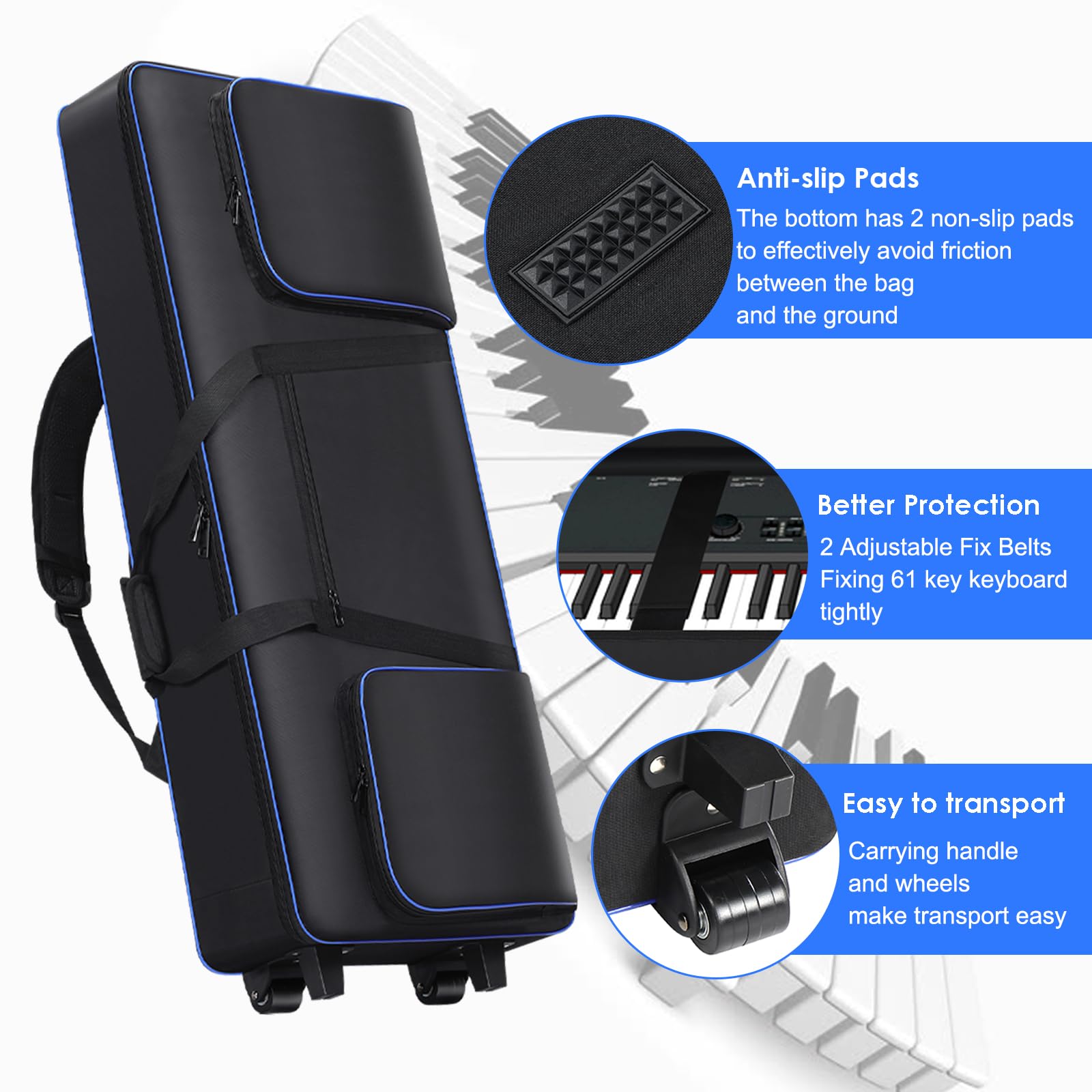 Tingroun 61 Key Keyboard Case With Wheels?Portable Padded Keyboard Bag Soft ?Rolling Piano Bag With Handles And Adjustable Shoul